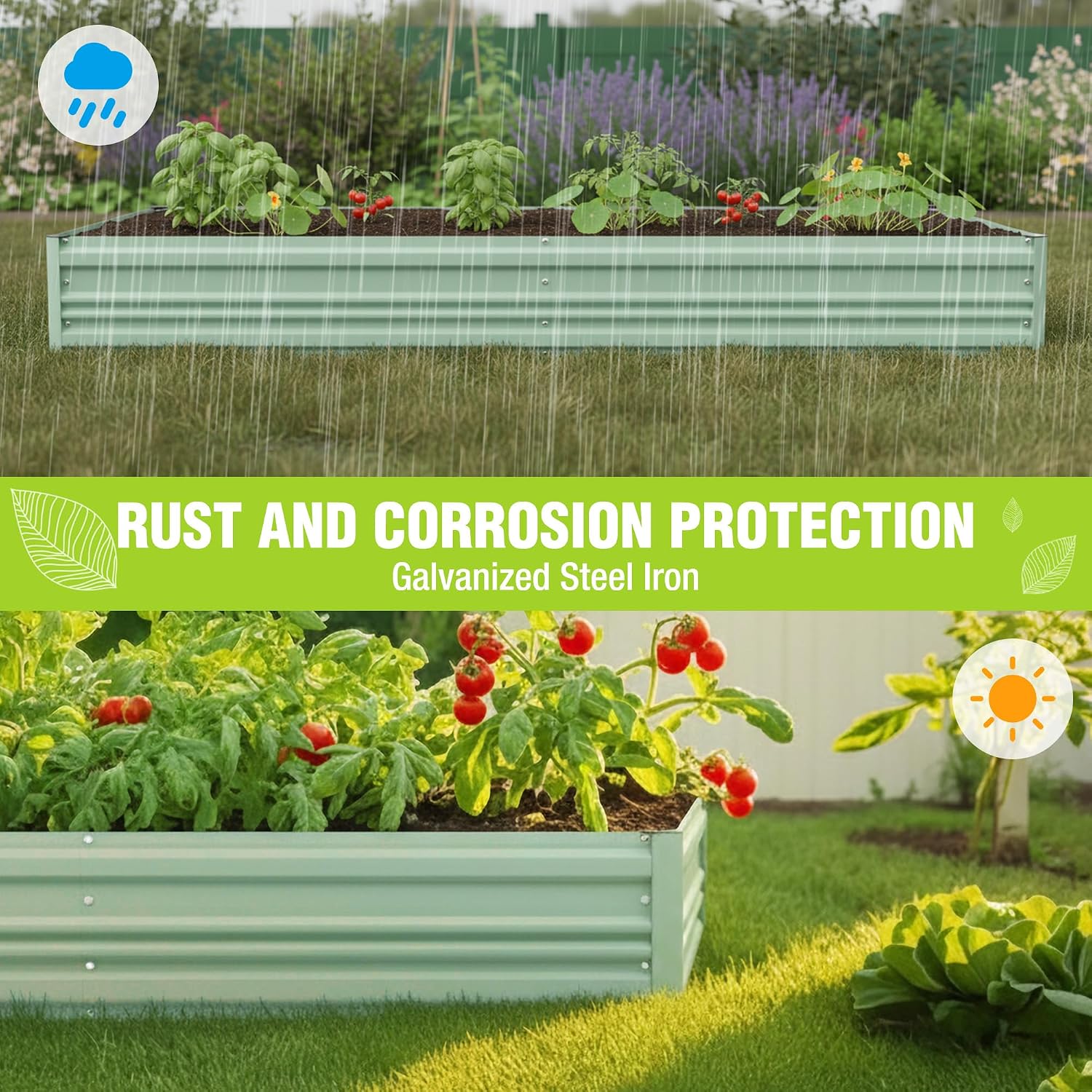 Green galvanized metal raised garden bed with rust-resistant look and tomato plants