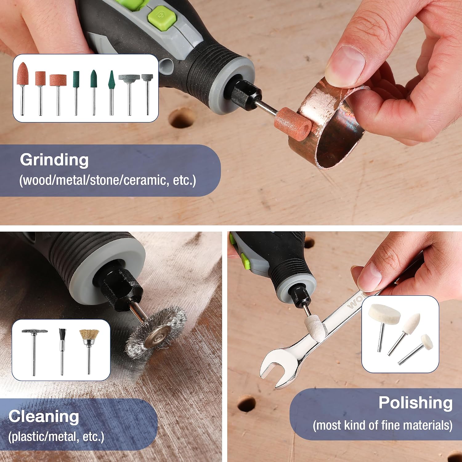 Rotary tool grinding and polishing attachments holding a small wheel on wood surface