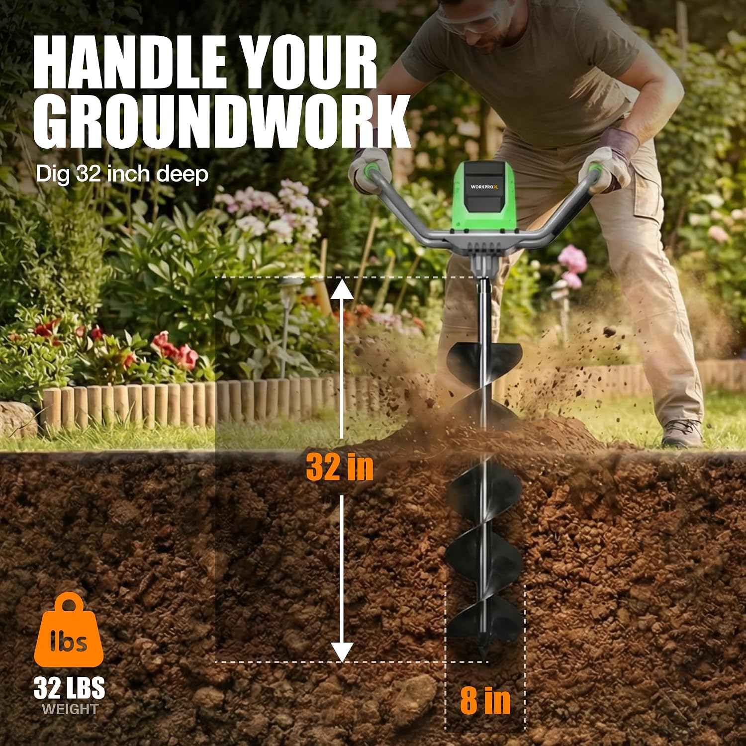 WORKPROX 40V Electric Cordless Earth Auger, 8" Post Hole Digger with 2-Speed & Reverse, Brushless Motor, 2 Batteries Included, for Fence Posts & Planting