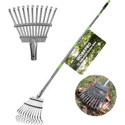 Steel leaf rake with narrow tine head and green-accented adjustable handle, shown with close-up.