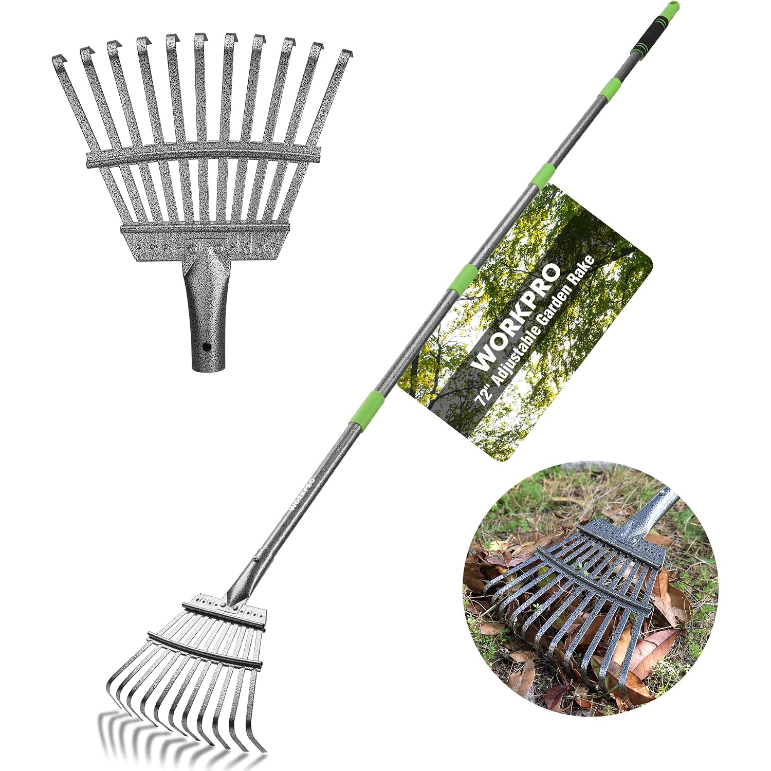 Steel leaf rake with narrow tine head and green-accented adjustable handle, shown with close-up.