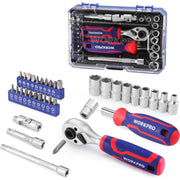Socket and bit set laid out in clear case with metric sockets, bits, extensions, ratchet