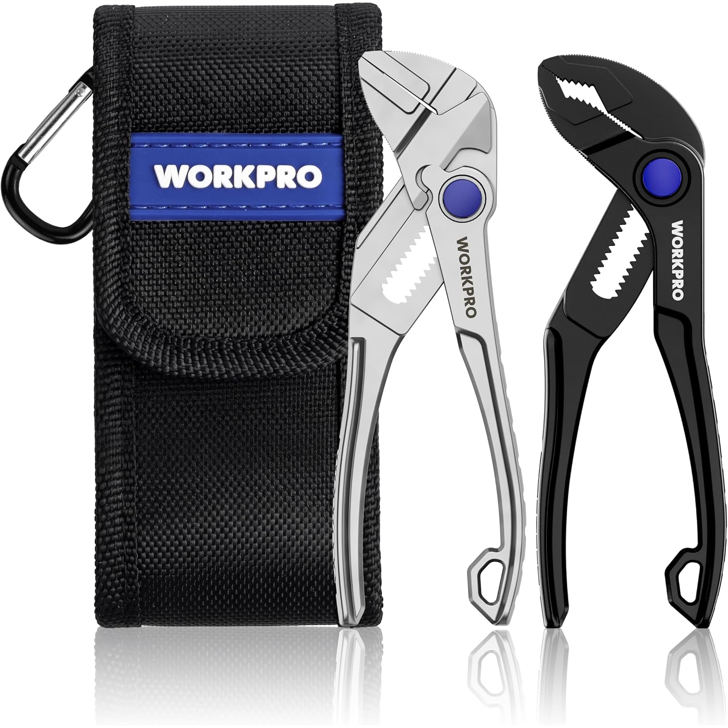 WORKPRO mini pliers set with black pouch, silver plier wrench and black groove plier