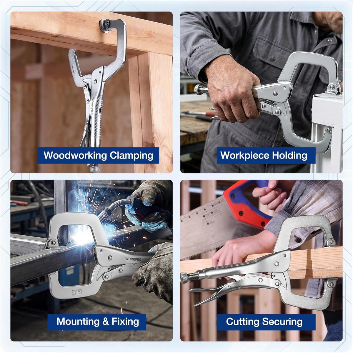 WORKPRO C-clamp in use for woodworking clamping, workpiece holding, mounting and cutting