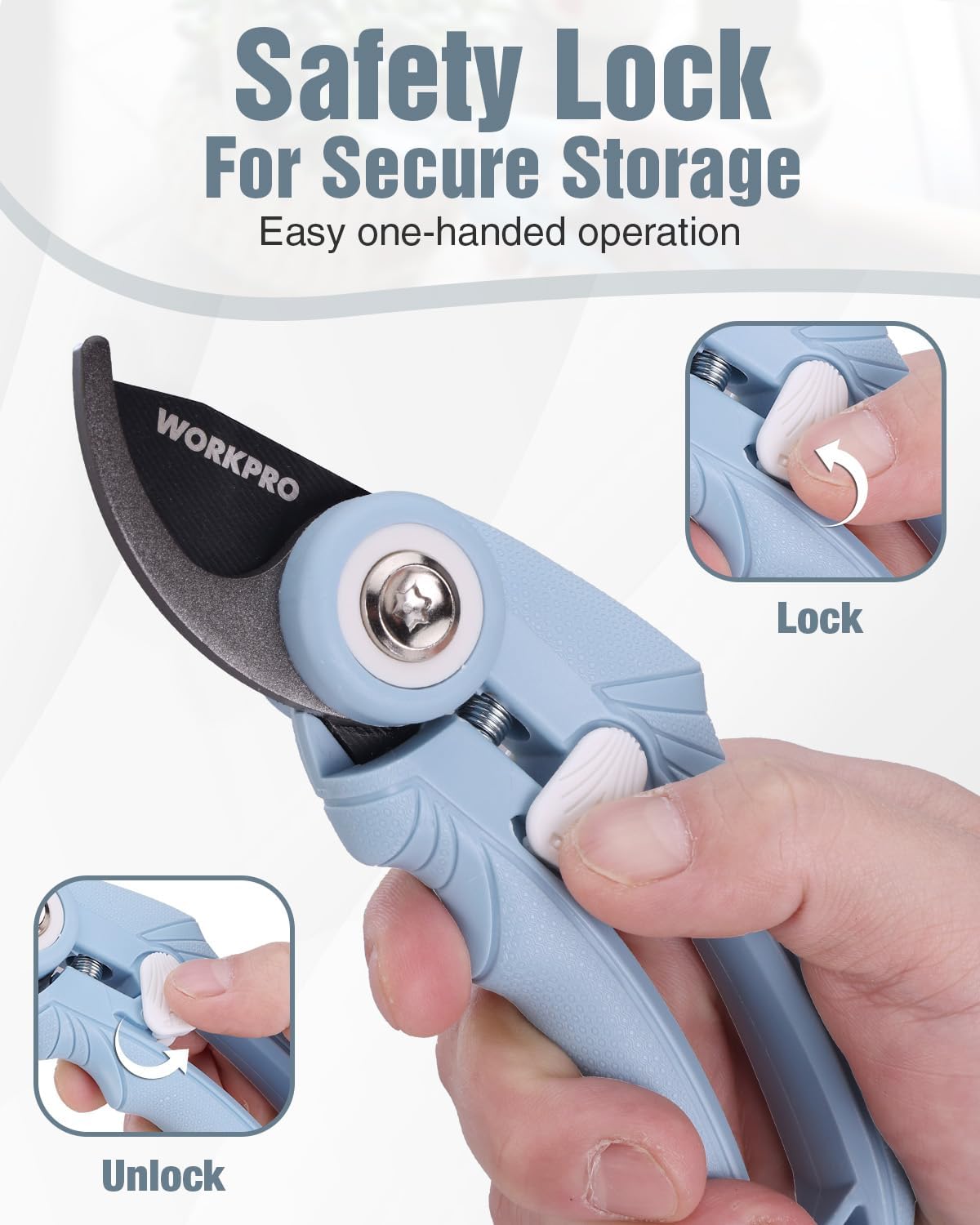 WORKPRO blue bypass pruning shears with safety lock for secure storage