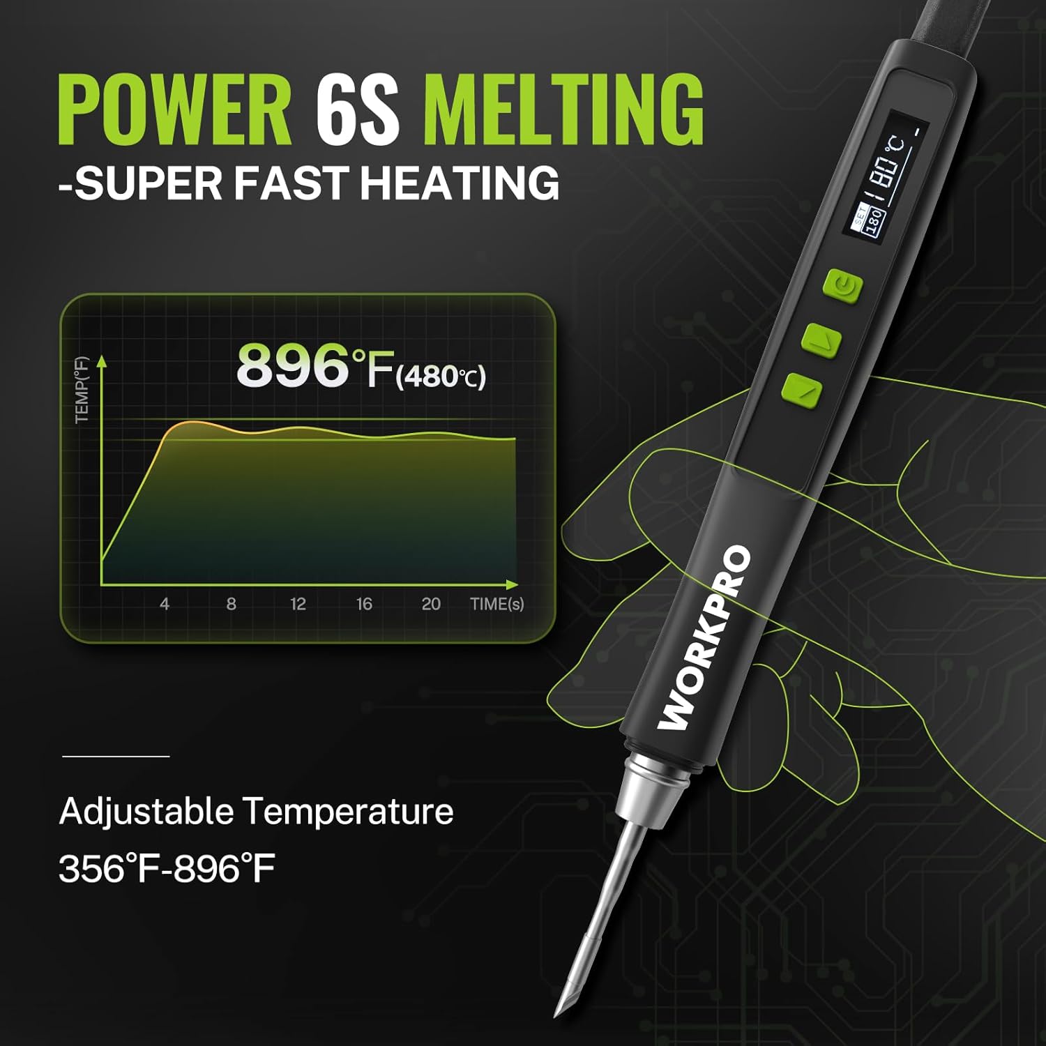 Portable soldering iron pen with OLED screen and green control buttons