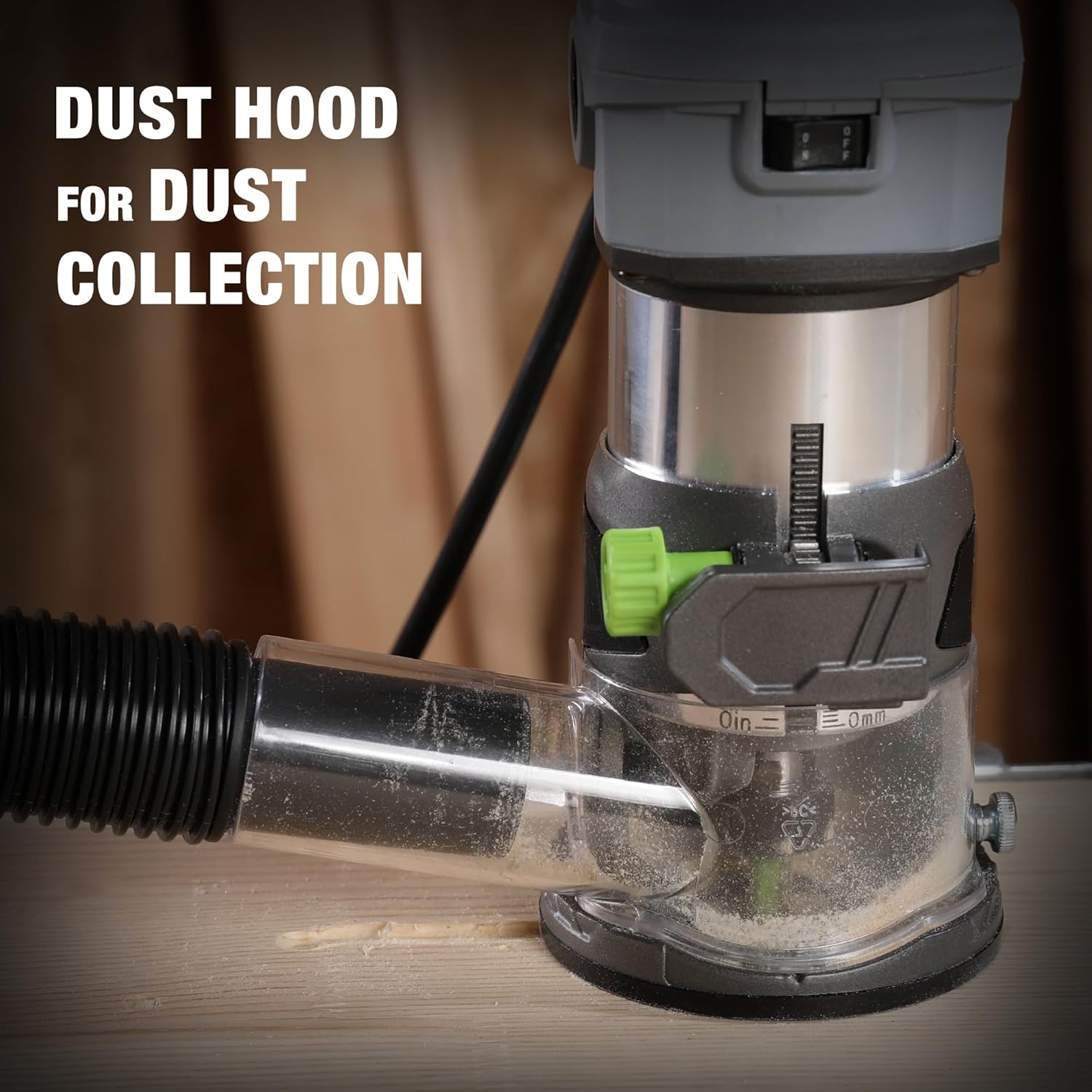 Router dust hood for dust collection, with hose connected to the tool base