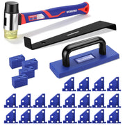 Laminate flooring installation tools: double-head mallet, pull bar, tapping block, blue spacers