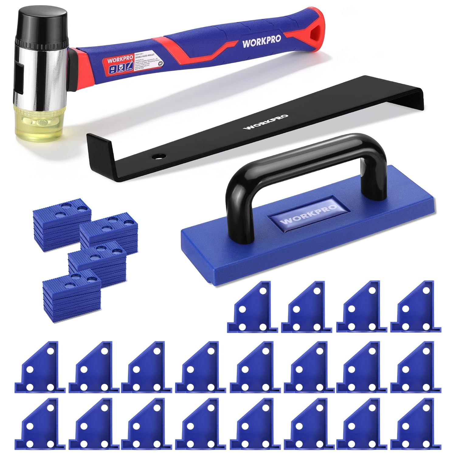 Laminate flooring installation tools: double-head mallet, pull bar, tapping block, blue spacers