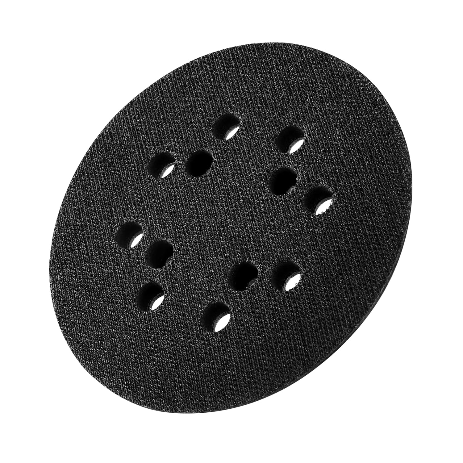 Black circular sanding backing pad with multiple dust holes for random orbit use