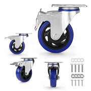 Set of 4 swivel casters with brakes, blue PU wheels, steel frames with mounting plate