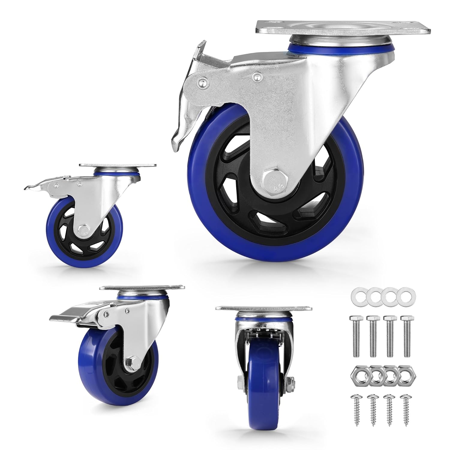 Set of 4 swivel casters with brakes, blue PU wheels, steel frames with mounting plate