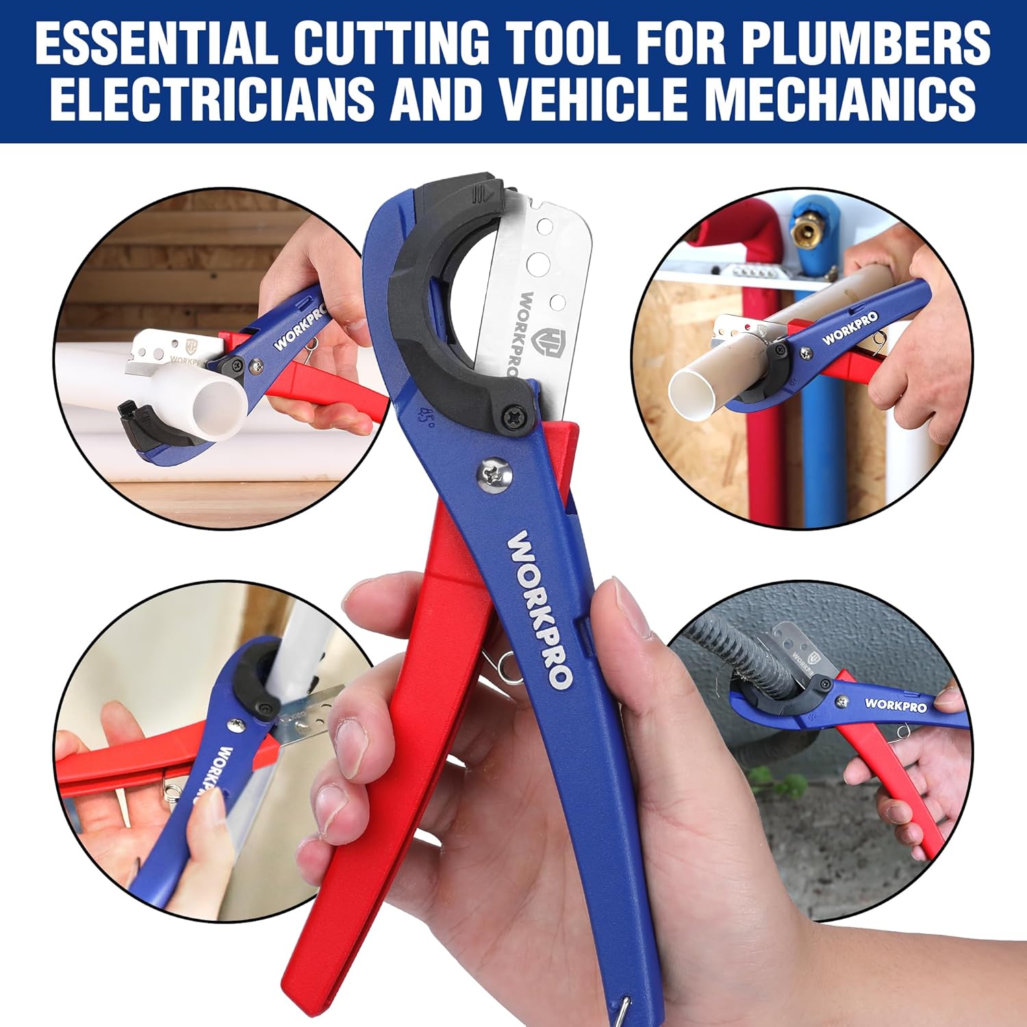 Pipe cutter in hand for plumbing, electrical, and vehicle repairs; blue and red