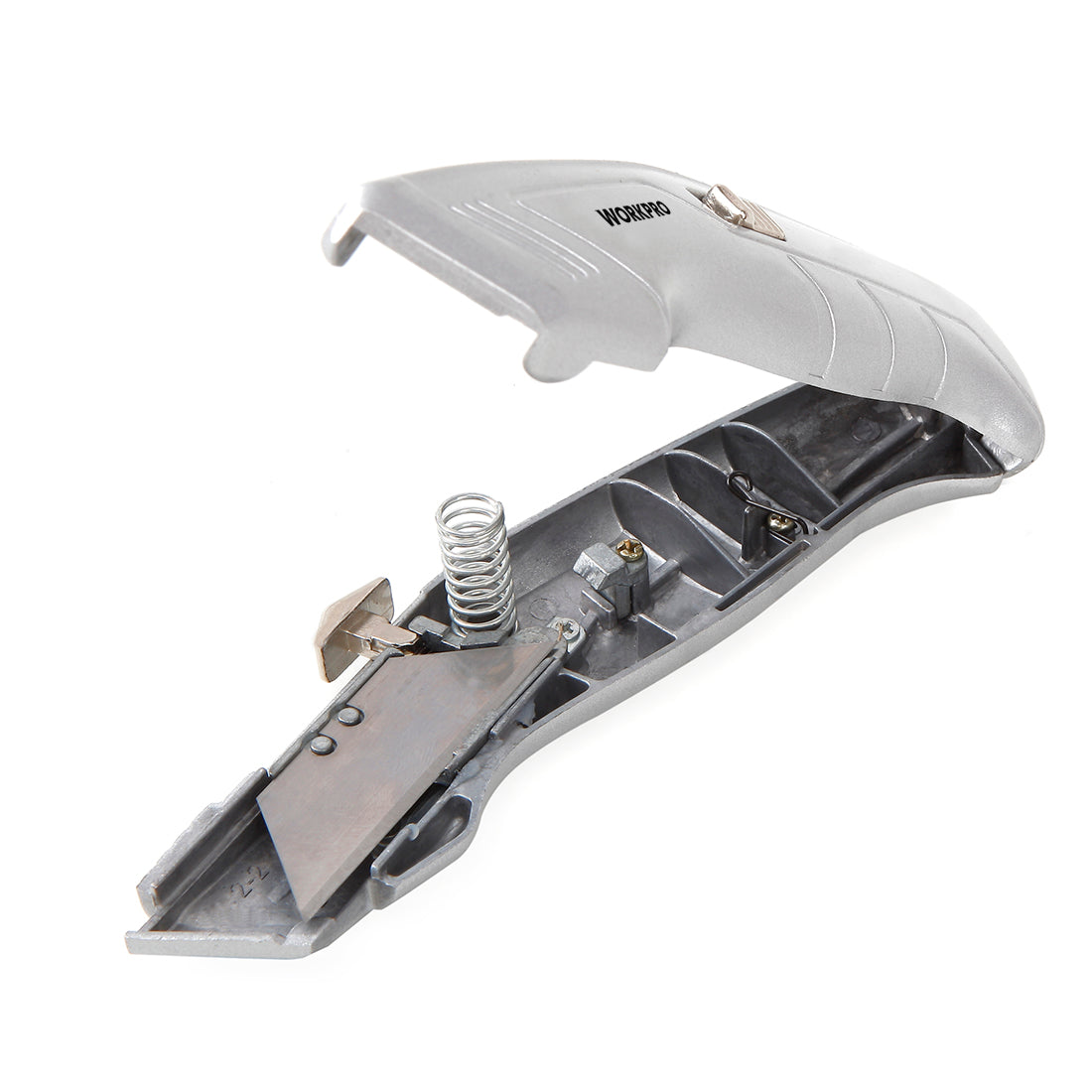 Retractable utility knife with open blade compartment and spring, WORKPRO silver