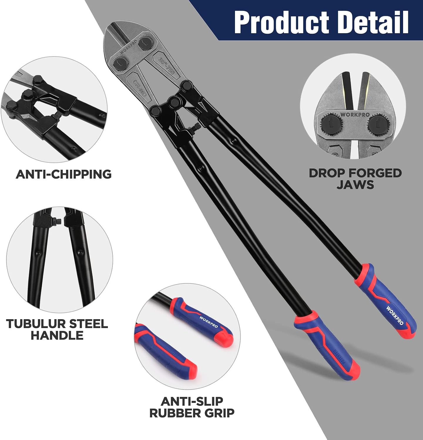 WORKPRO 30" Bolt Cutter, Chrome Molybdenum Steel Blade, Heavy Duty Bolt Cutter with Soft Rubber Grip, Cutting Tool for Cut Chain, Wire, Screw, Rivet