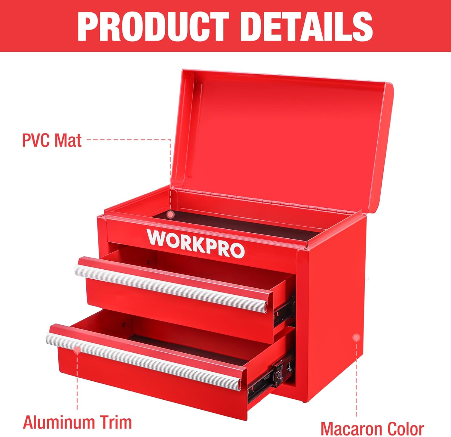 Red mini tool box with open lid, two drawers, and white drawer liners