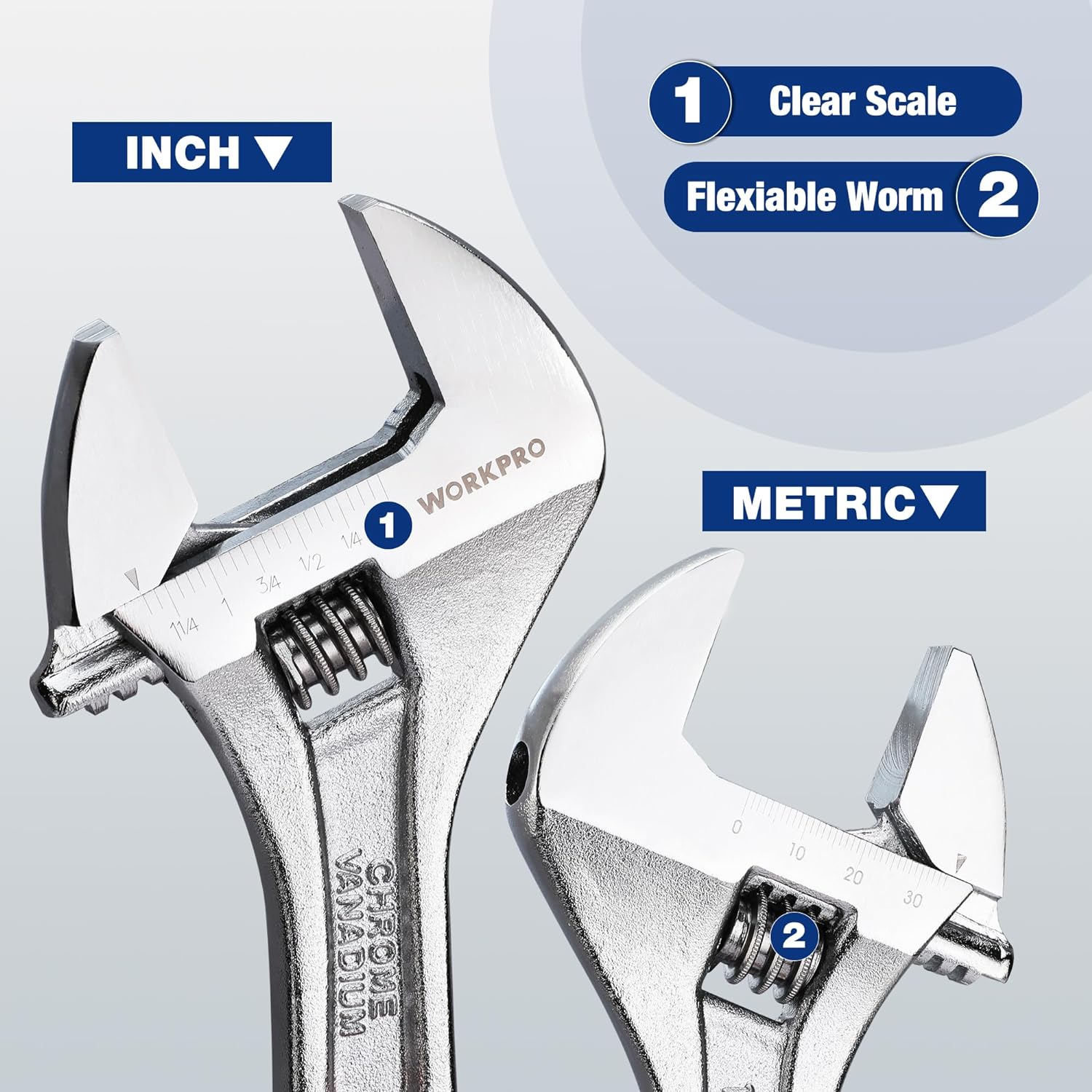 Adjustable wrench head with inch and metric scale markings and worm gear adjuster