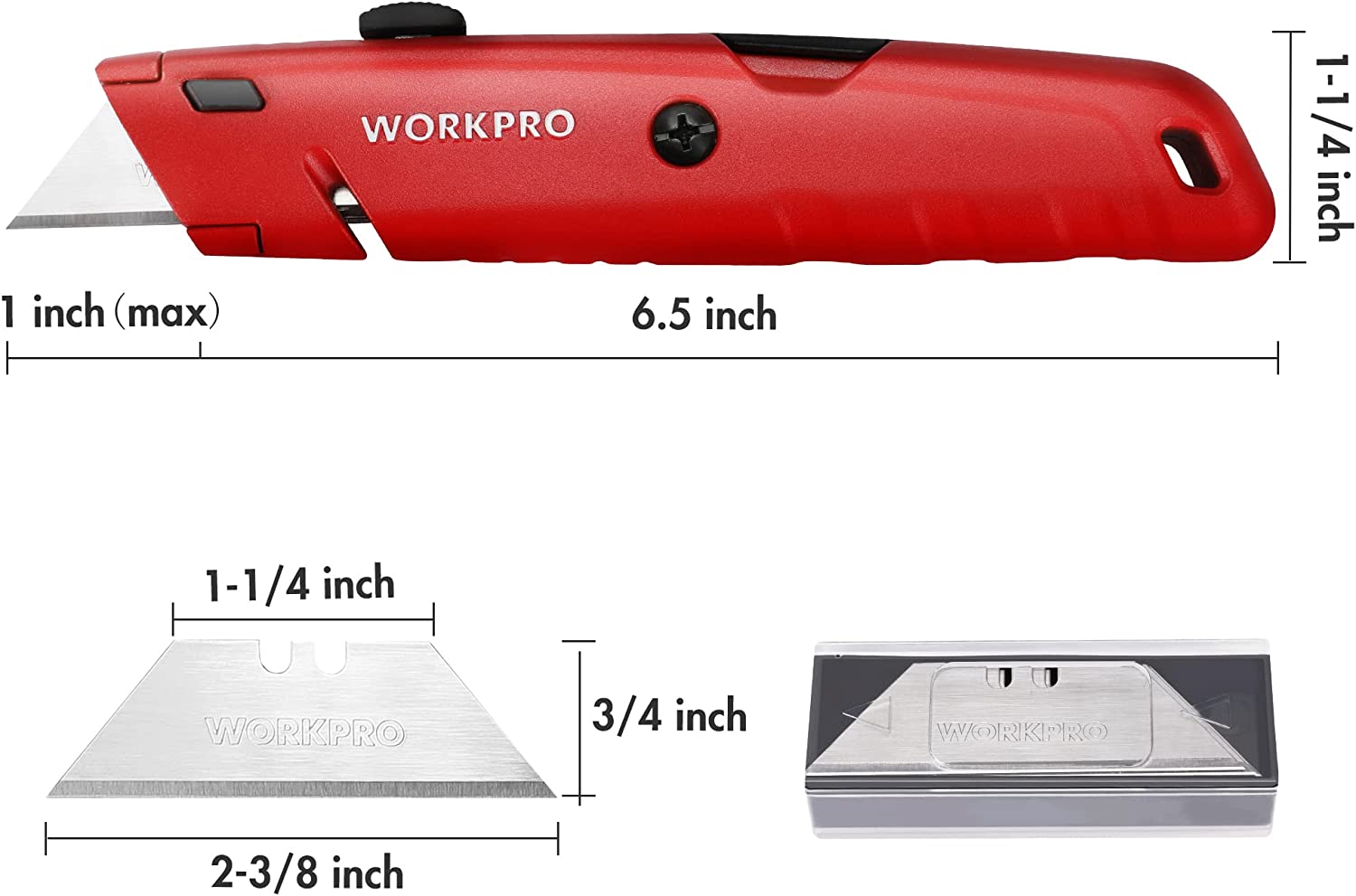 Red retractable box cutter utility knife with retractable metal blade, side close-up