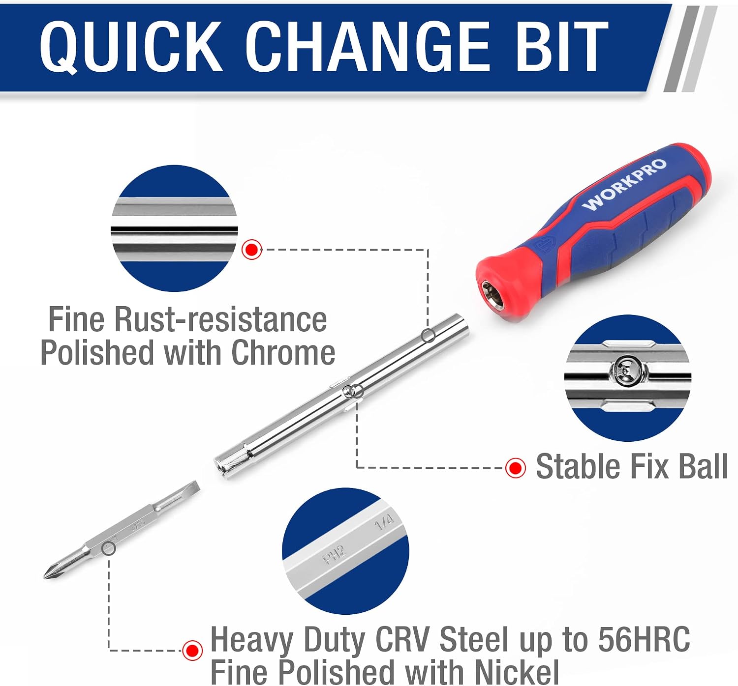 Quick-change multi-bit screwdriver with fine polished chrome steel bit shafts