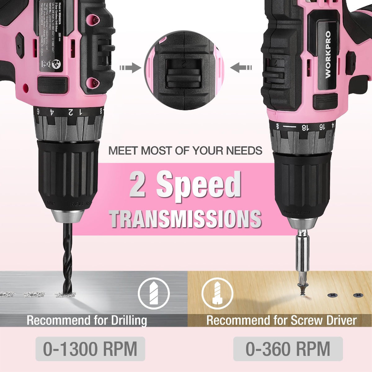 Pink and black cordless drill driver with dual-speed gear and drill bit