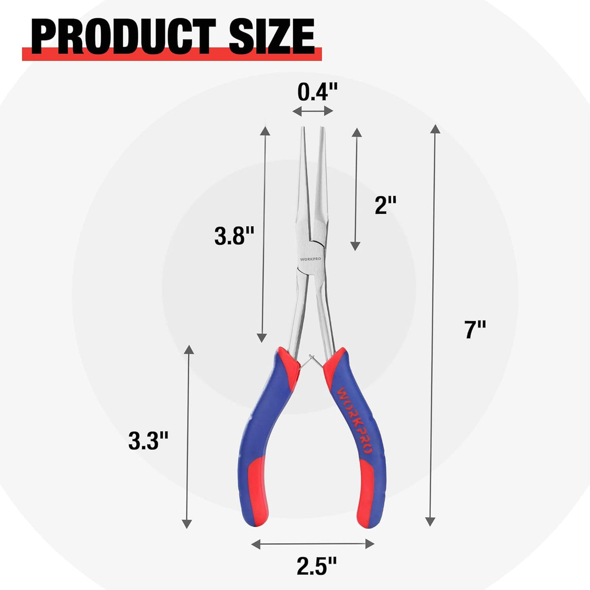 Mini long-reach needle-nose pliers with blue-red handles shown with size guide