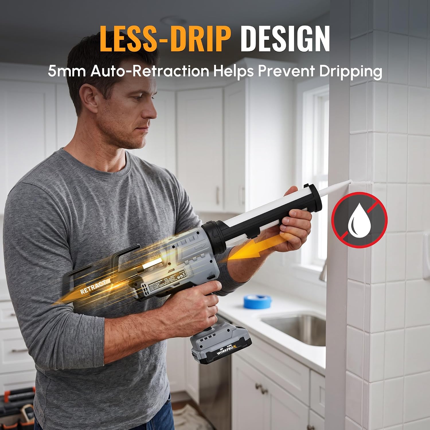 Cordless caulking gun near tiled surface with front drip-preventing nozzle guard