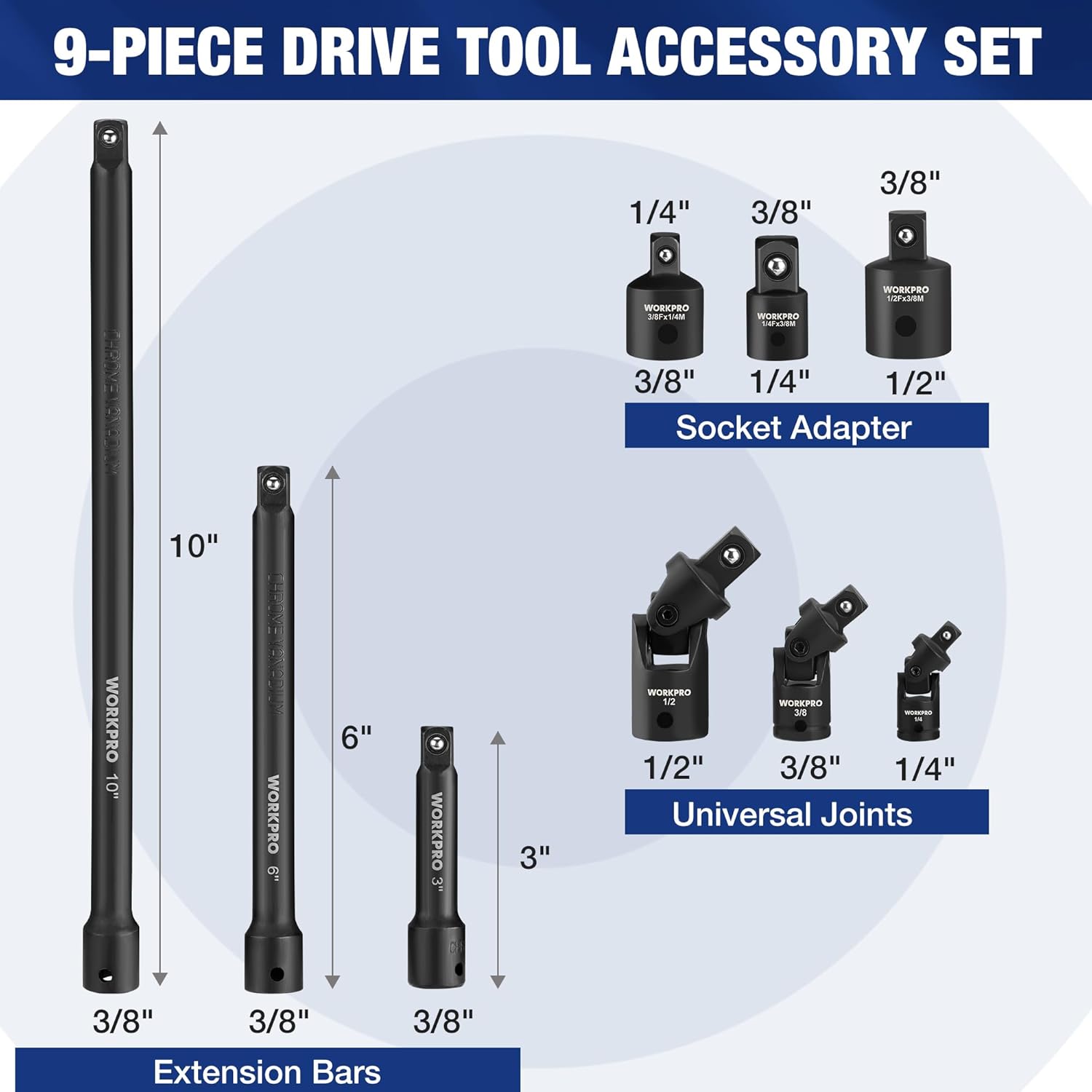 9-piece socket extension set with black phosphate extension bars, adapters, and universal joints