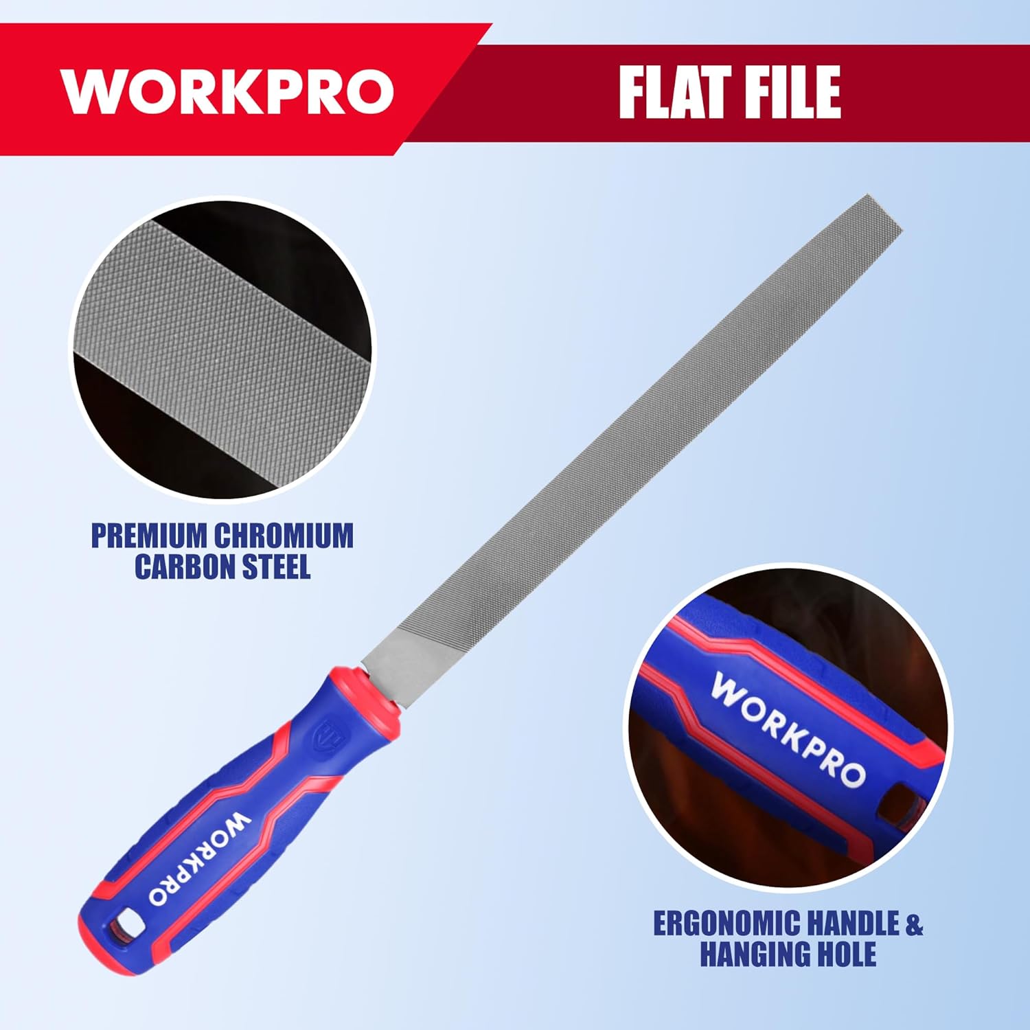 Flat metal file with gray blade and red-blue ergonomic handle and hanging hole