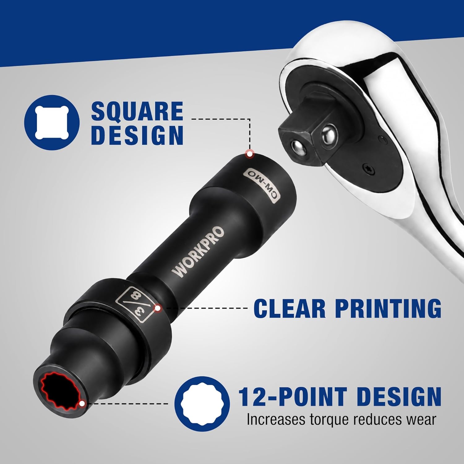 12-point square-drive driveline socket with clear markings, black CR-MO