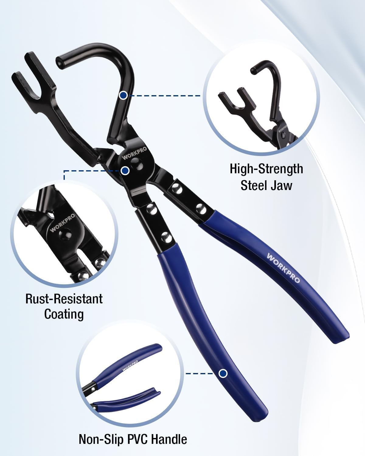 Blue exhaust hanger pliers with black steel jaw and non-slip PVC handle