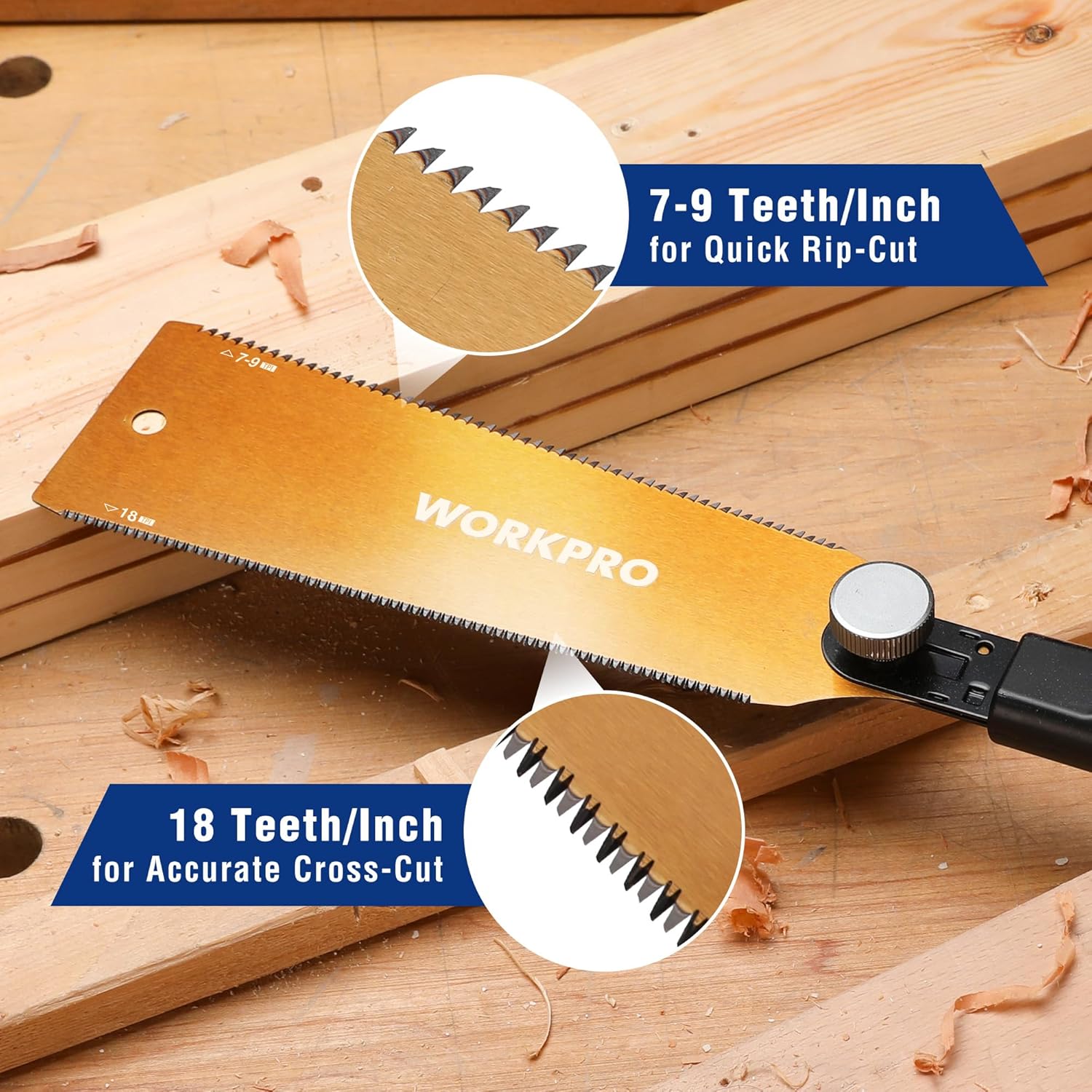 WORKPRO Japanese pull saw with 7-9 TPI blade and blue non-slip TPR handle
