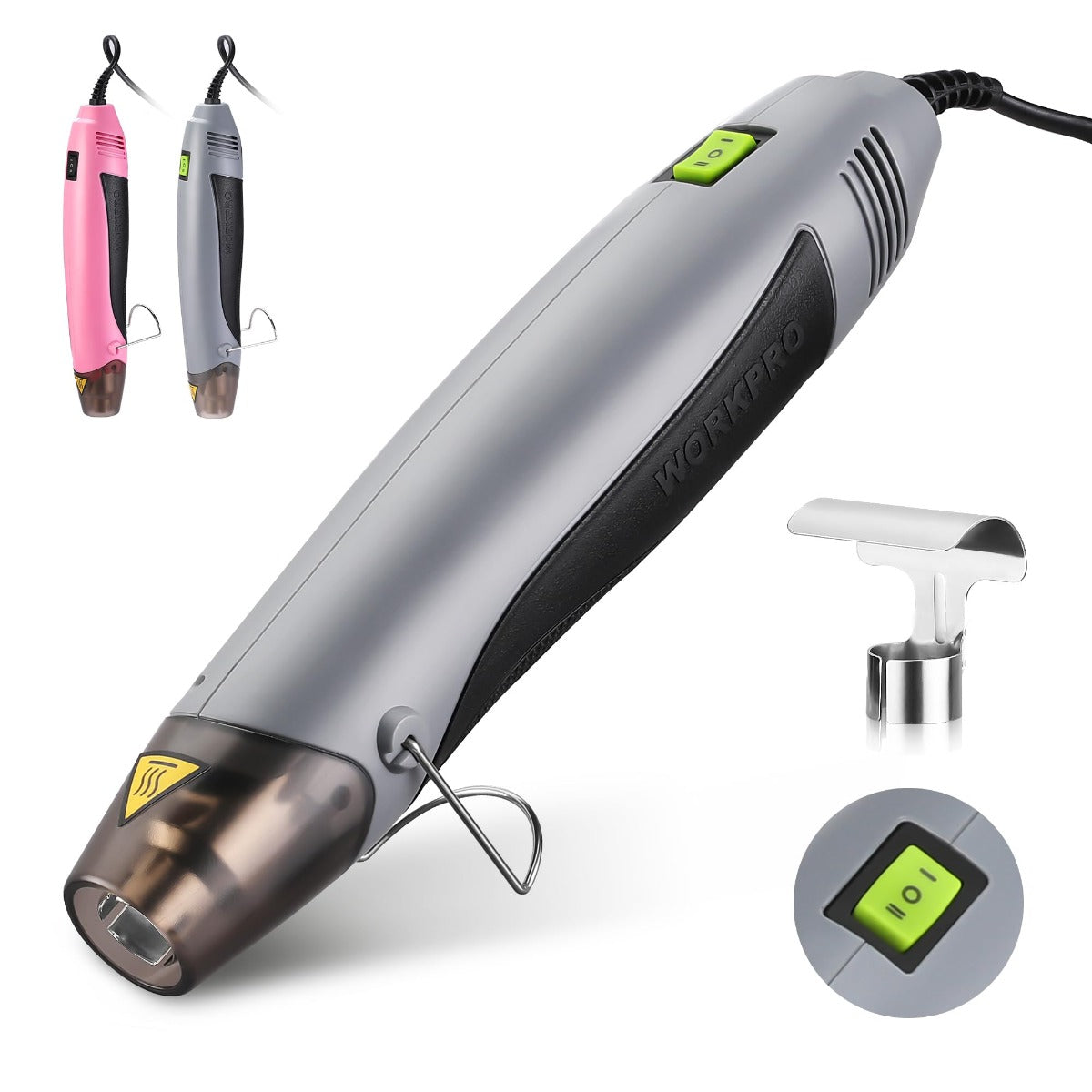 Mini hot air gun in pink and grey with reflector nozzle attachment