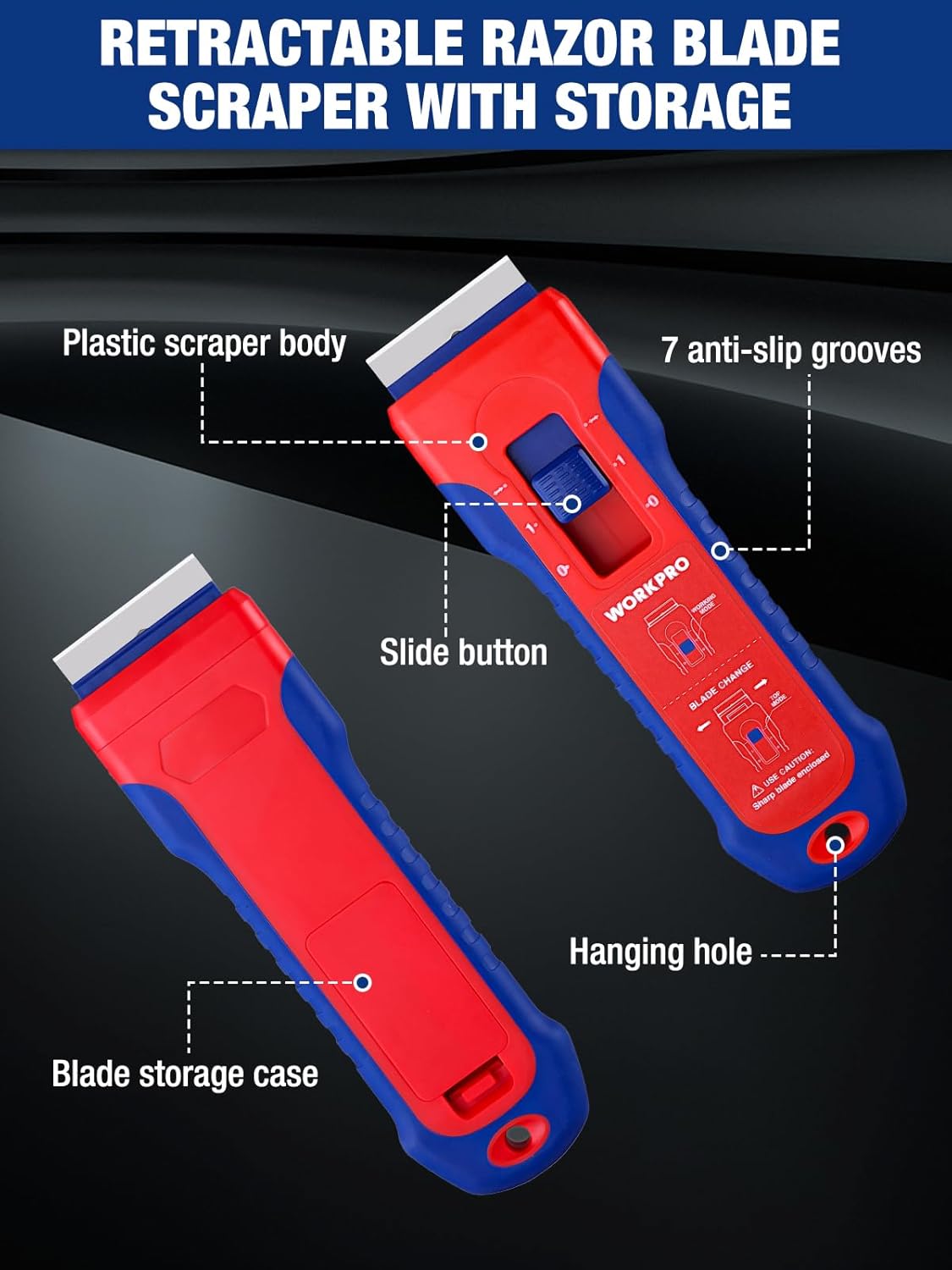 Retractable razor blade scraper tool with built-in blade storage case, red and blue