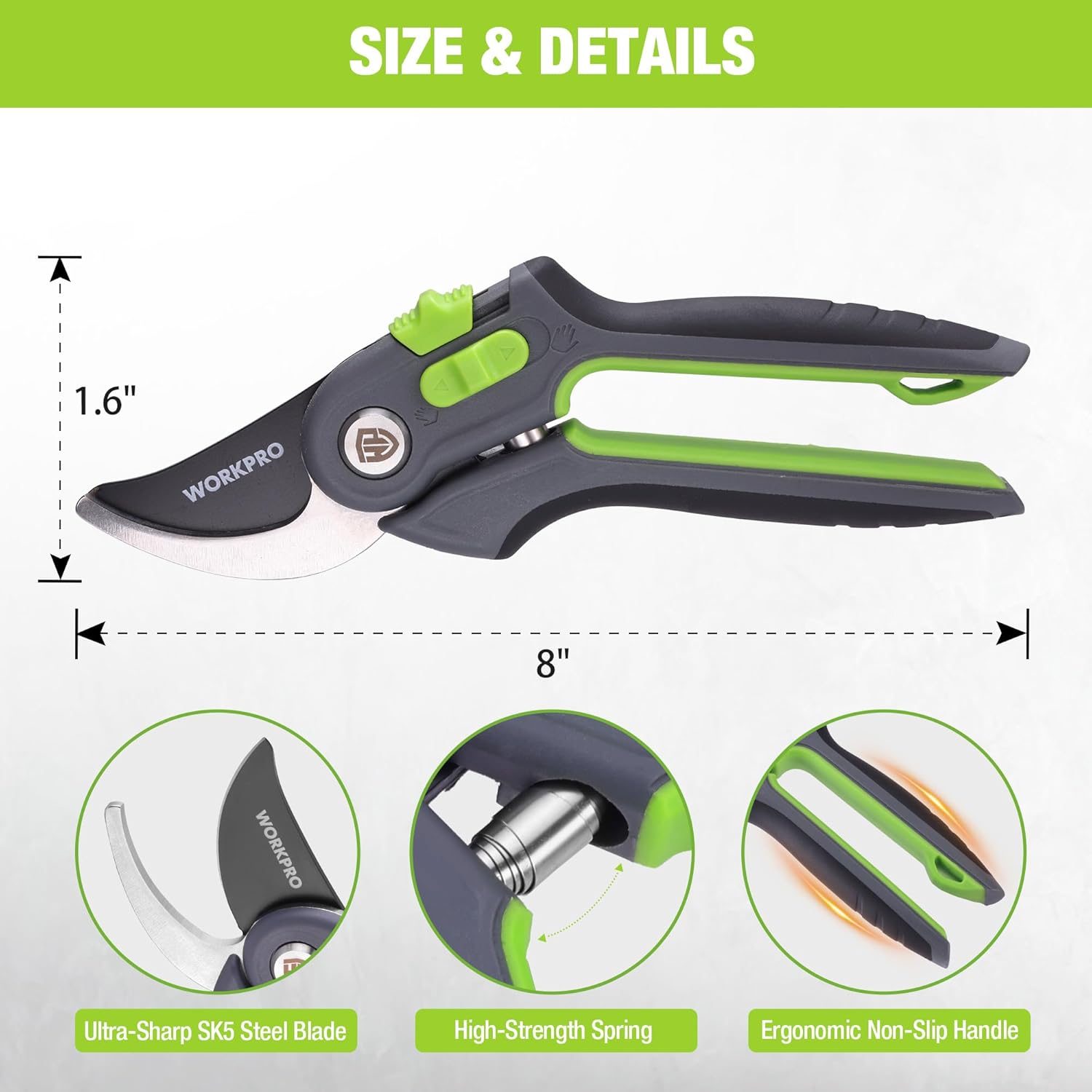 Bypass pruning shears, 8-inch size, SK5 steel blade with ergonomic non-slip handle