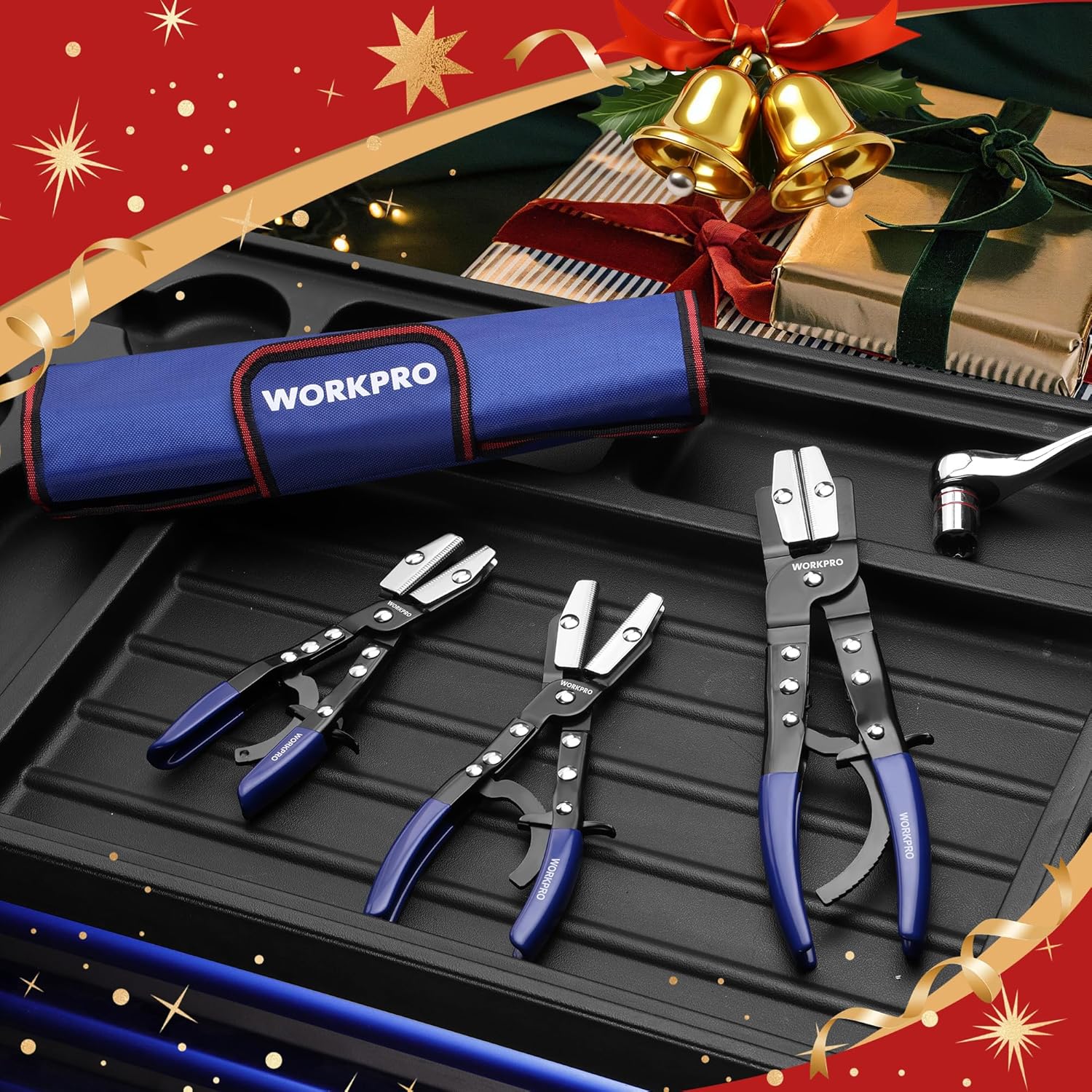 WORKPRO hose pinch-off pliers set laid on a toolbox tray with blue handles
