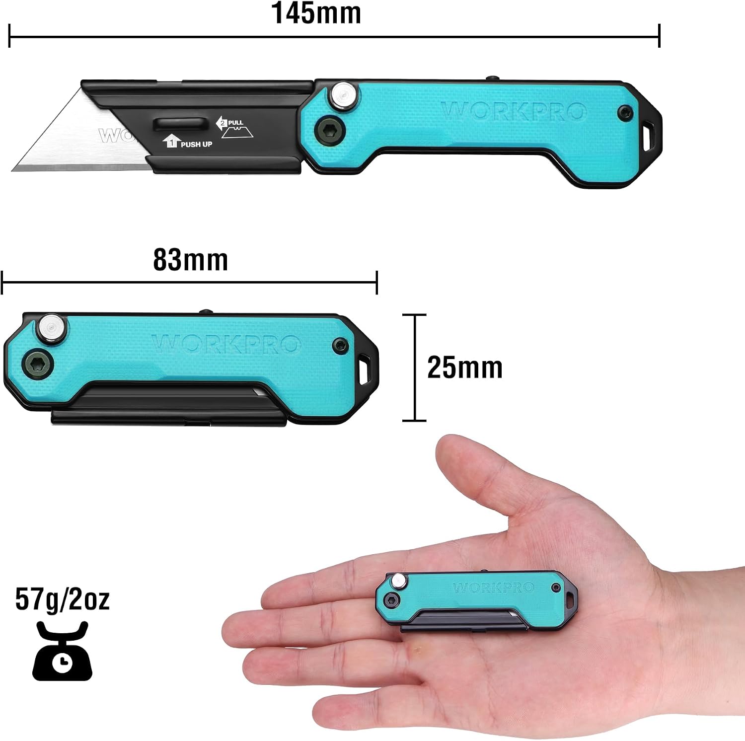 Teal and black folding utility knife with extended blade and compact pocket size.