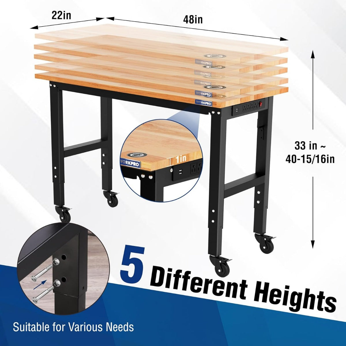 Rubber wood workbench top on black frame with 4 caster wheels and adjustable legs