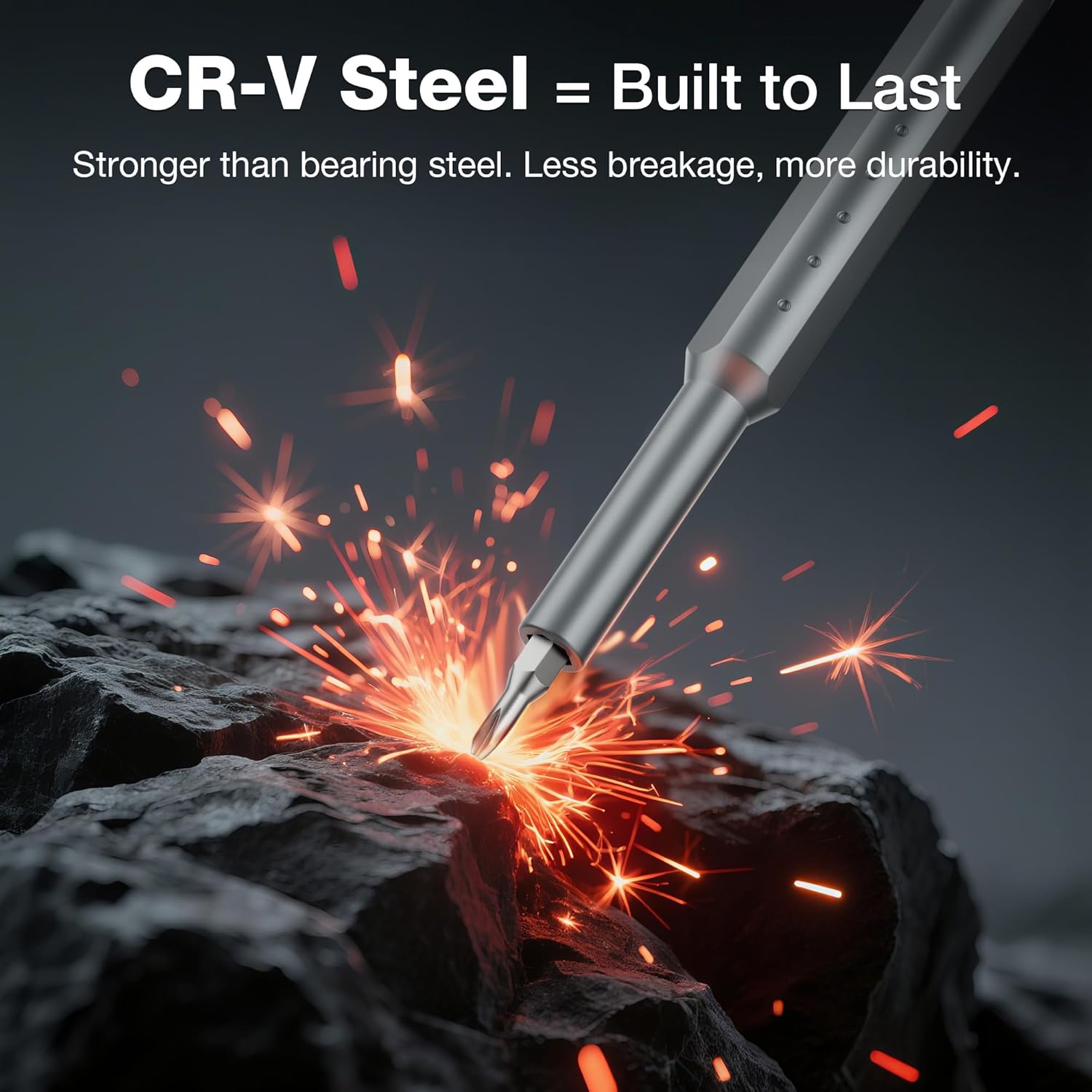 WORKPRO precision screwdriver tip making contact with sparks, CR-V steel driver
