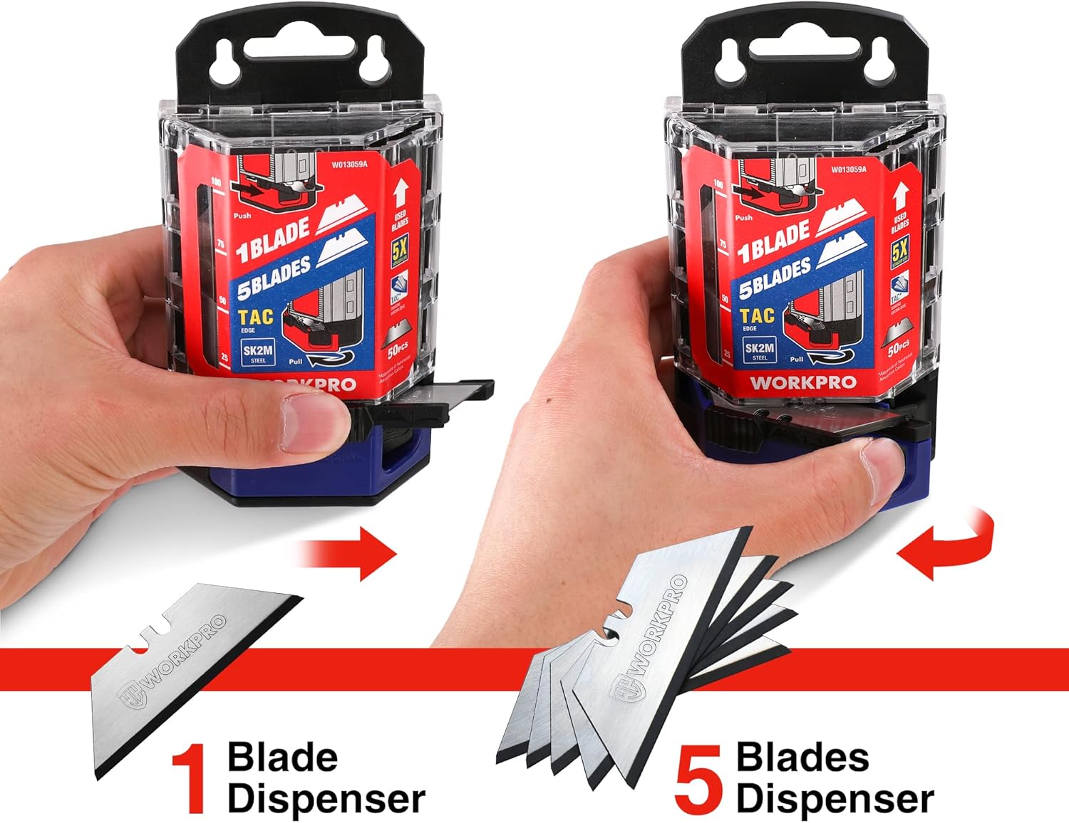 Utility blade dispenser holding 1 blade or 5 blades with TAC labels