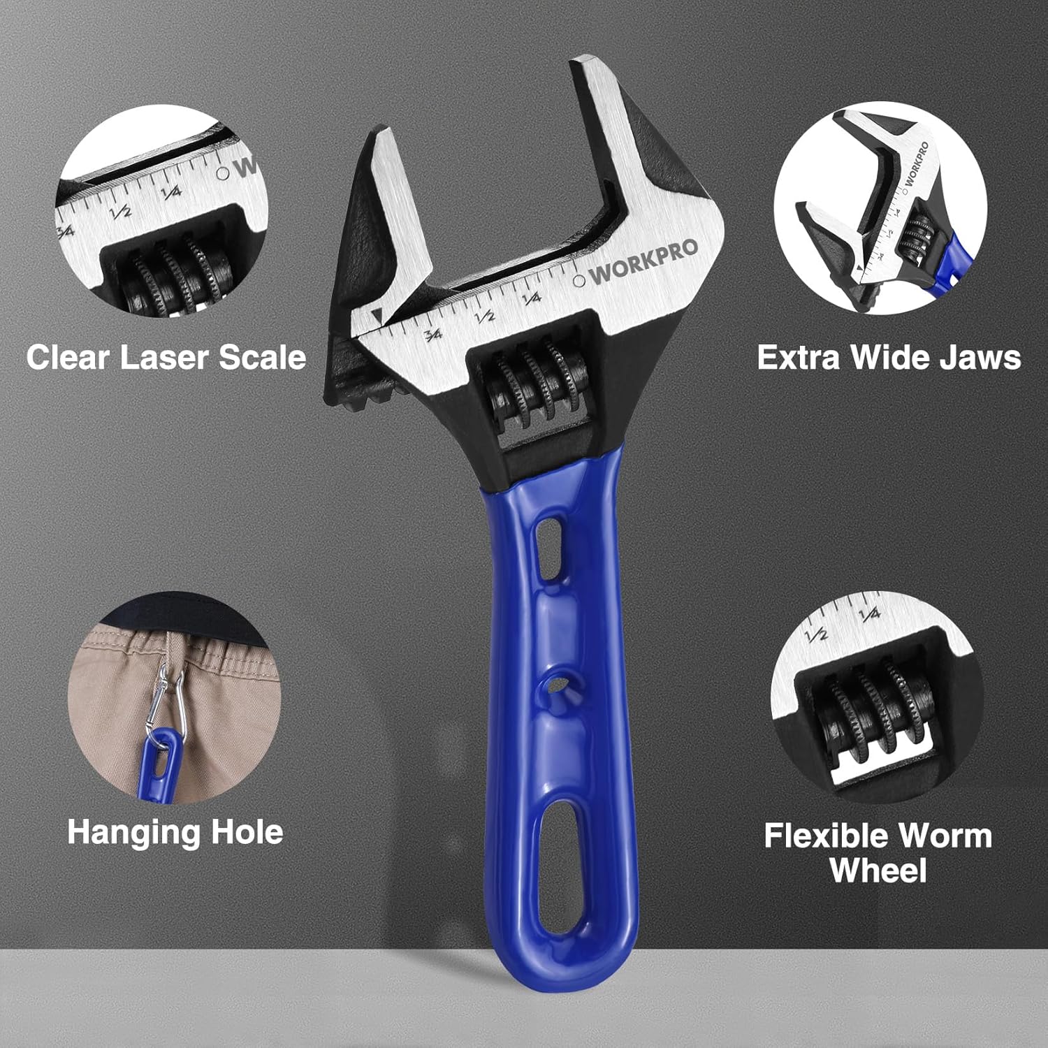 Adjustable wrench with clear laser scale, extra-wide jaws, and hanging hole