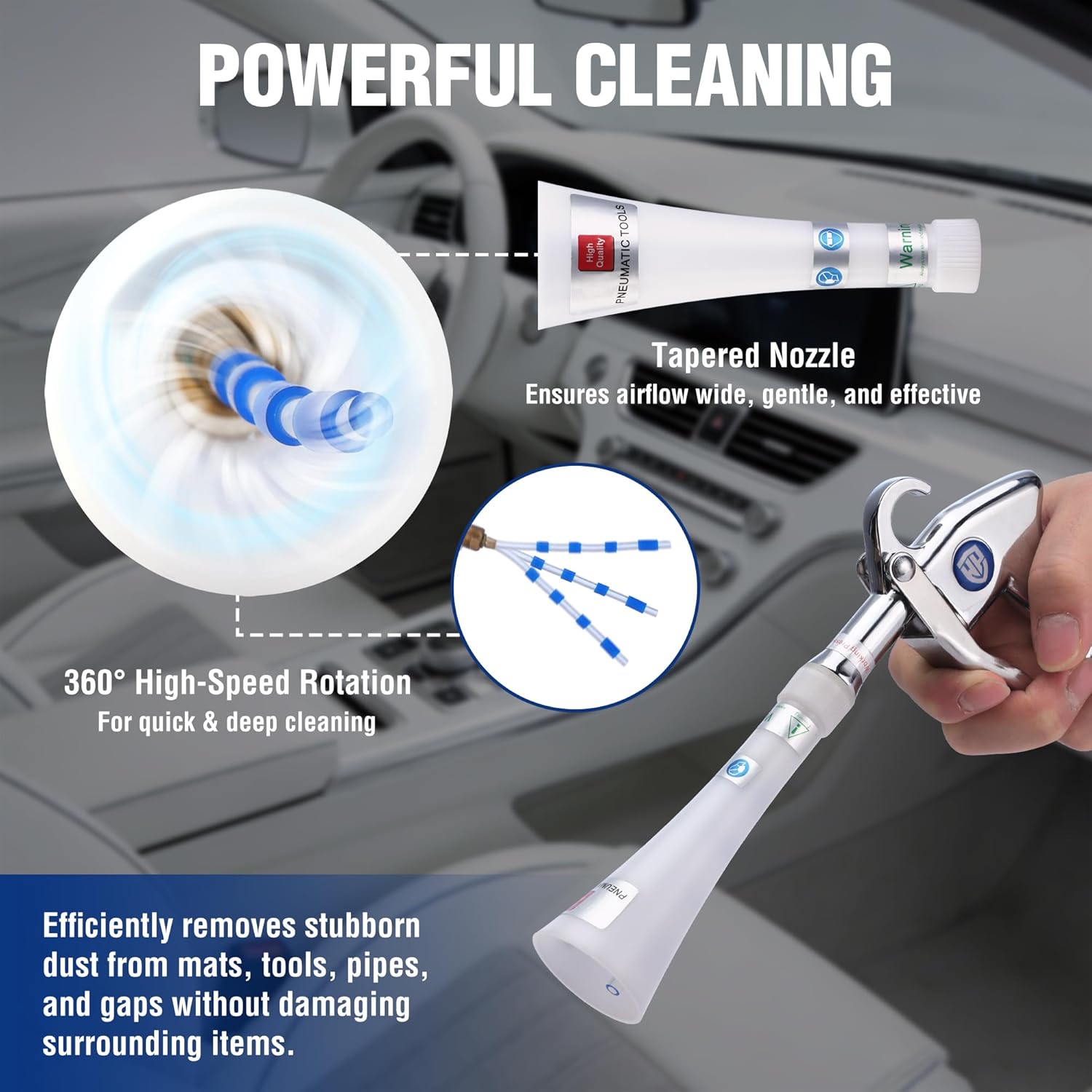 Tapered white nozzle air blow gun with metal trigger, shown near vehicle vents