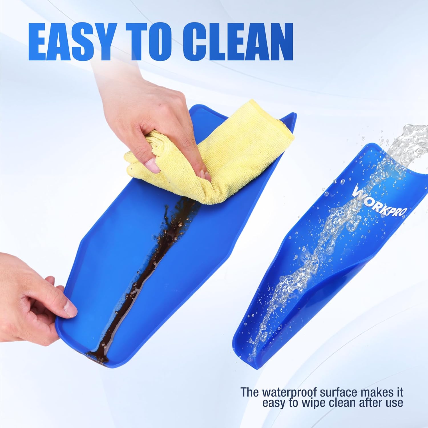 Blue foldable oil funnel being wiped clean with a cloth after oil change use