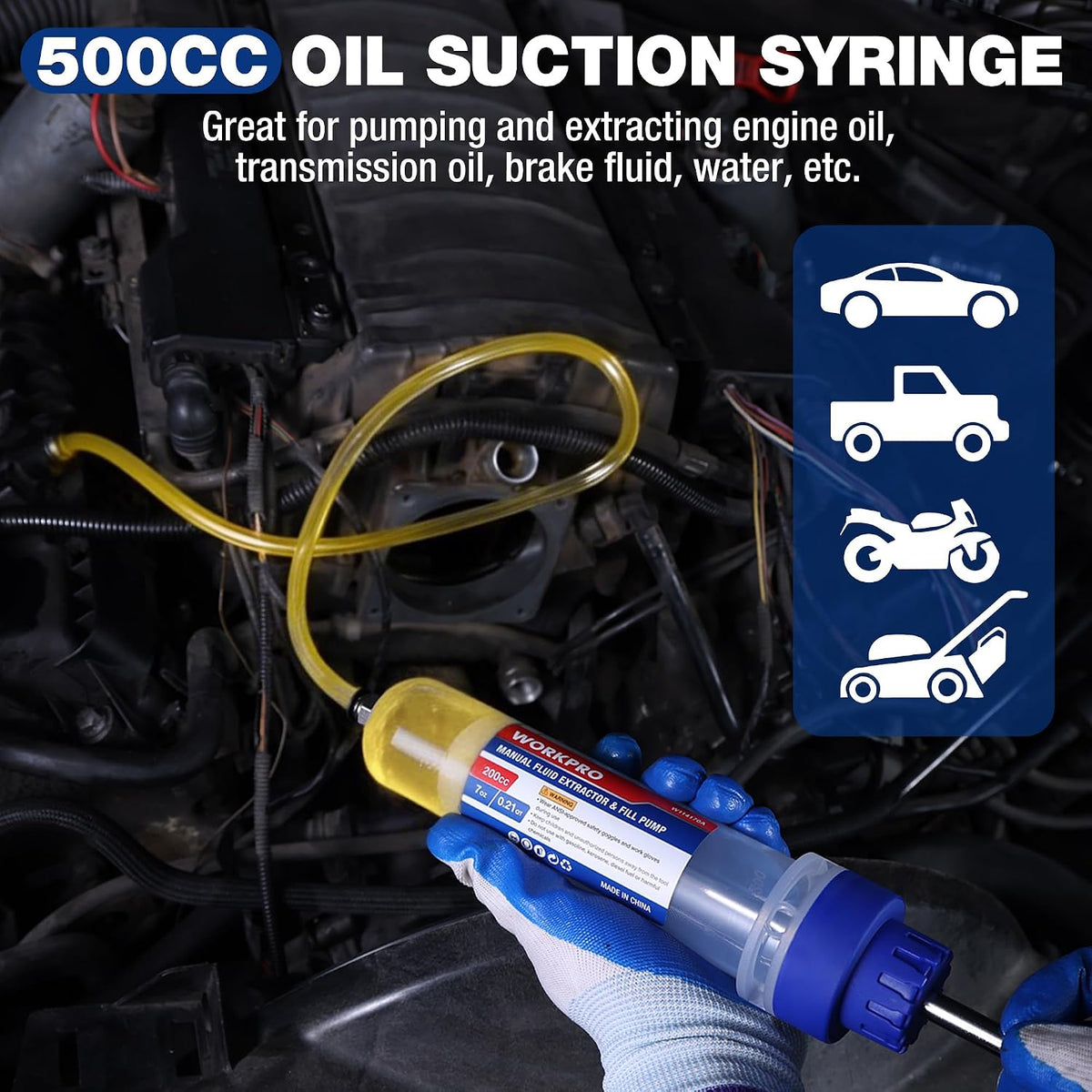 Oil suction syringe with blue pump, yellow reservoir, and attached clear hose