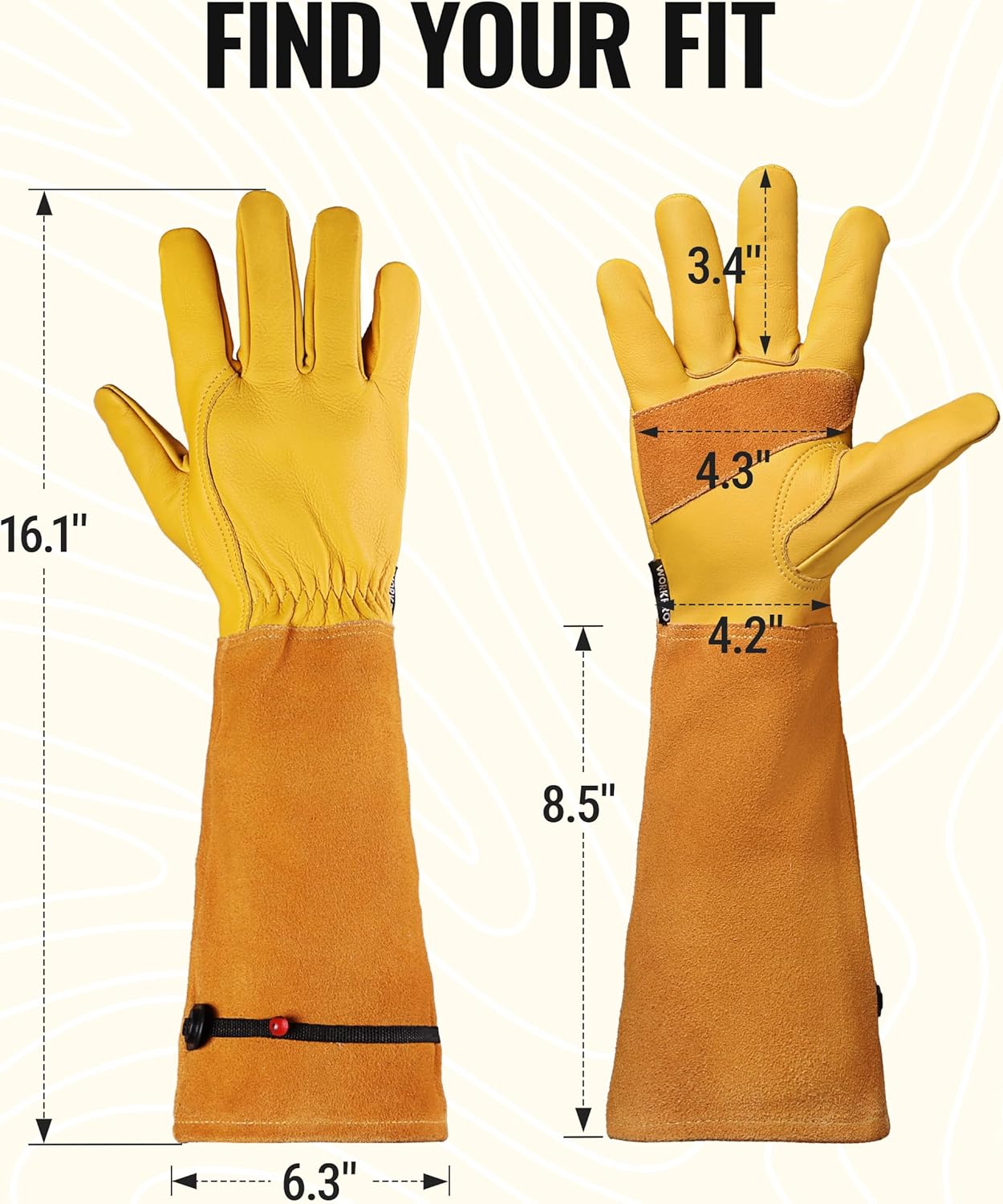Long gardening gloves, yellow and brown leather with long forearm coverage and black wrist strap