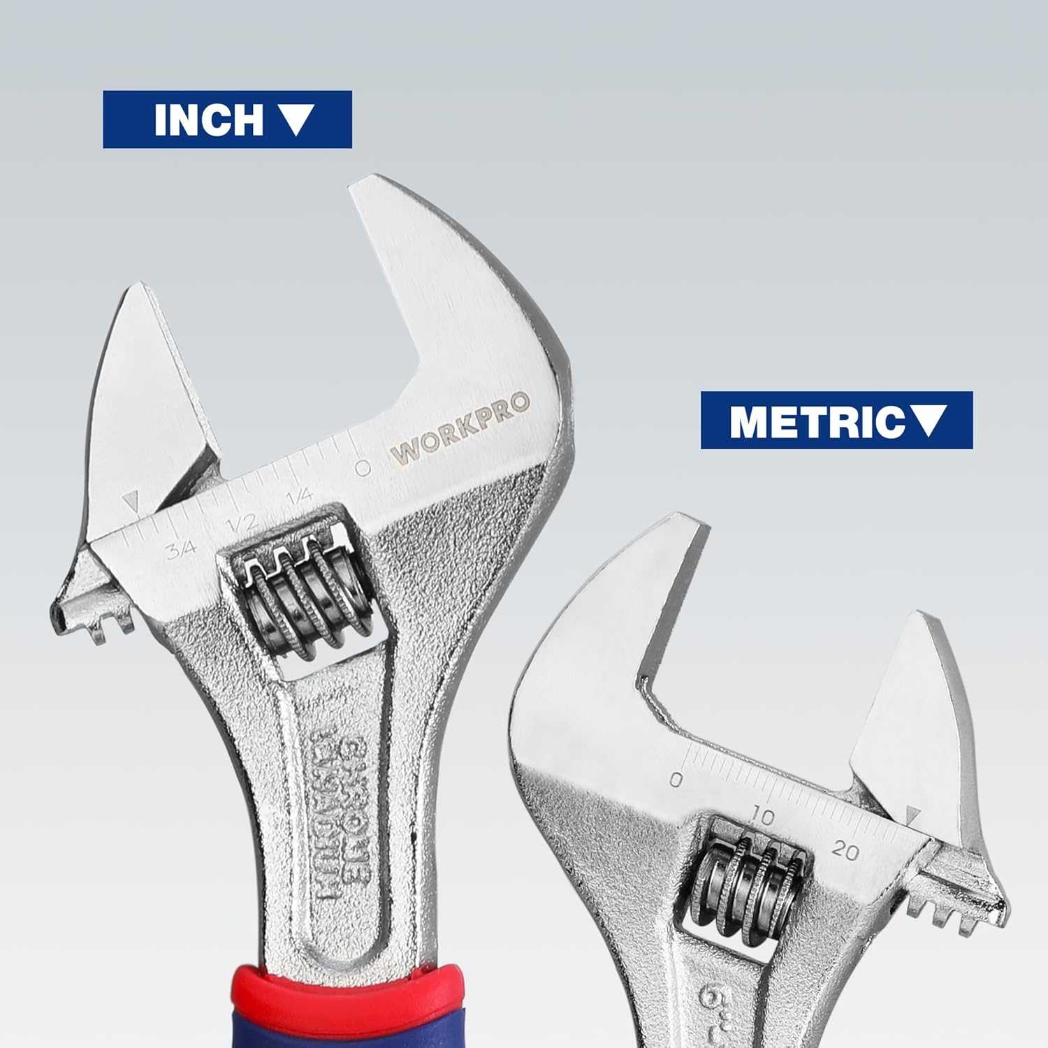 Adjustable wrench head with inch and metric scale marks and red/blue grip