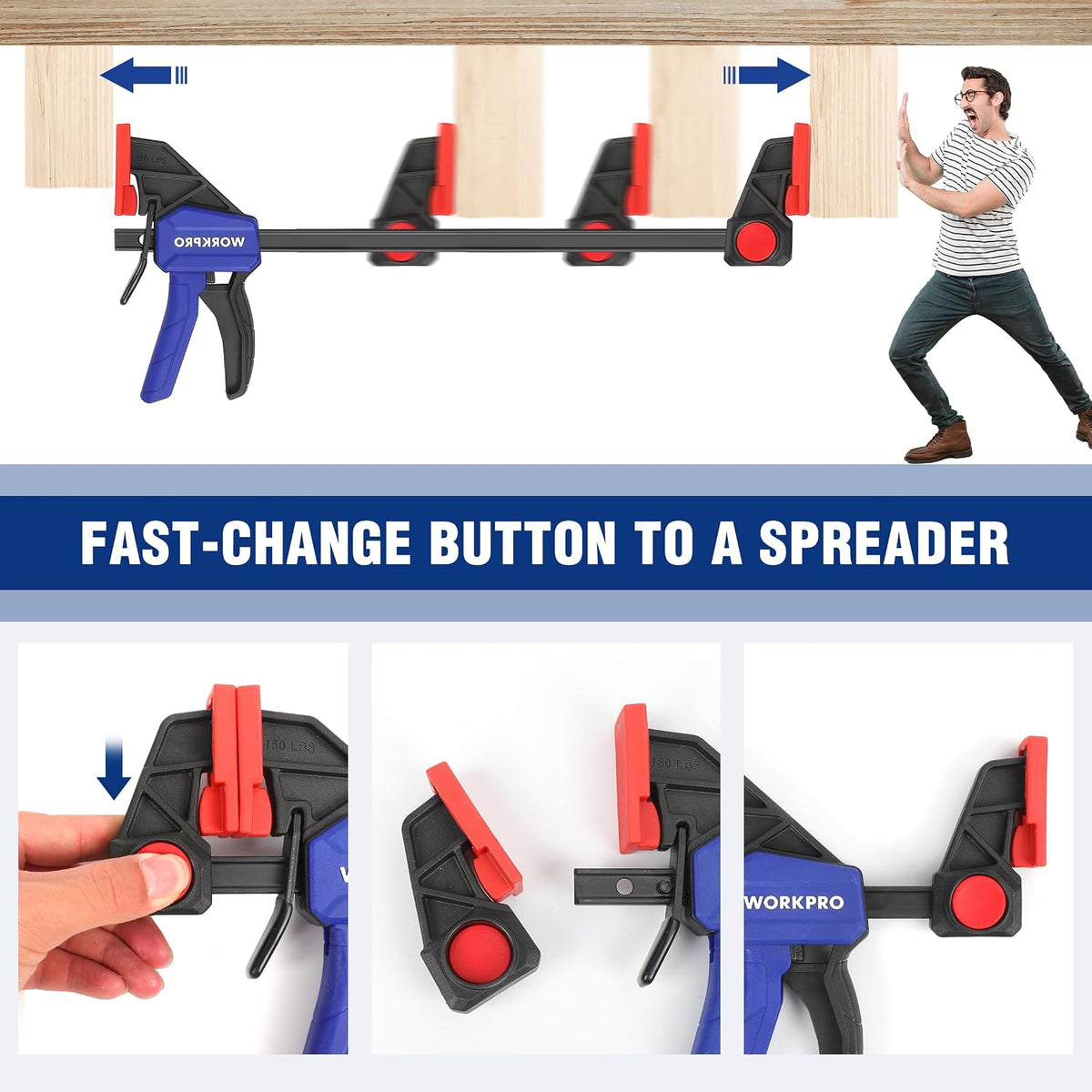 WORKPRO clamp with fast-change button that switches to a spreader attachment