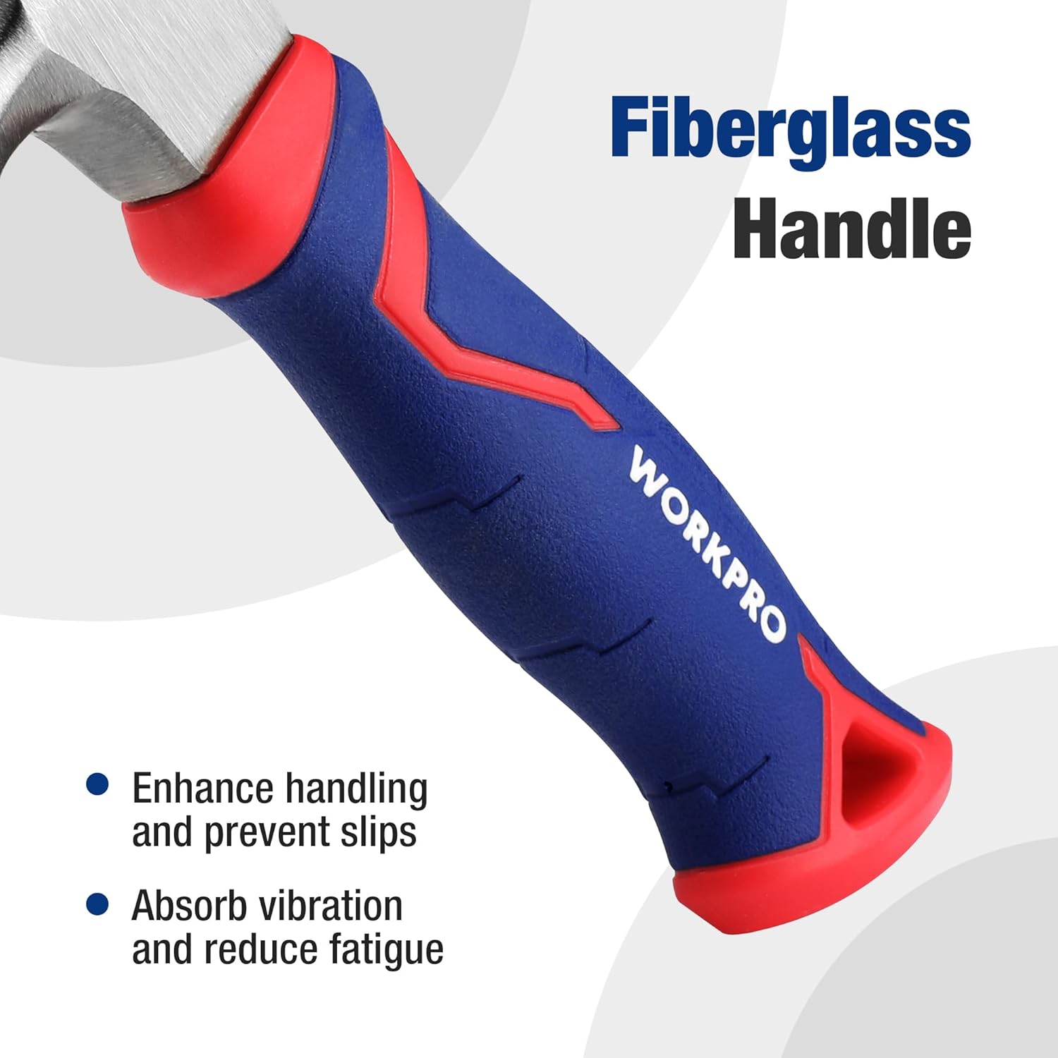 Fiberglass handle claw hammer in blue with red grip and WORKPRO branding