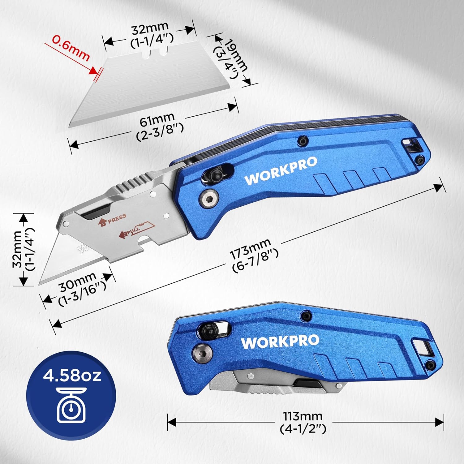 Folding utility knife with blue aluminum handle and stainless steel blade; size diagram