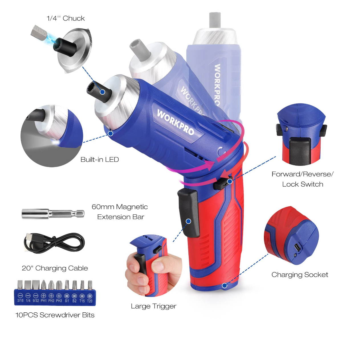 Blue WORKPRO cordless screwdriver tool with charging socket, LED, and forward/reverse switch