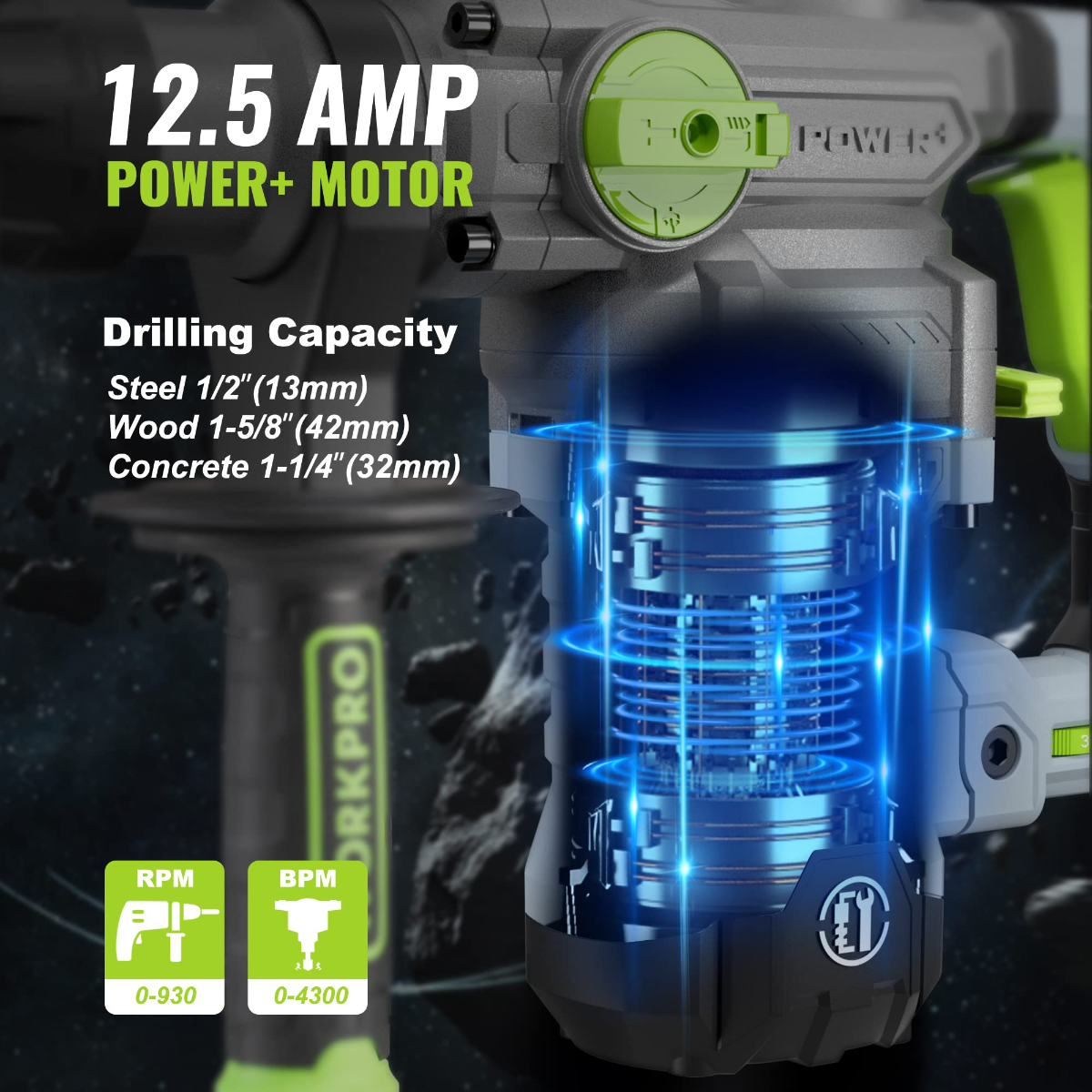 WORKPRO 12.5 amp rotary hammer drill with blue internal motor graphic and green dial